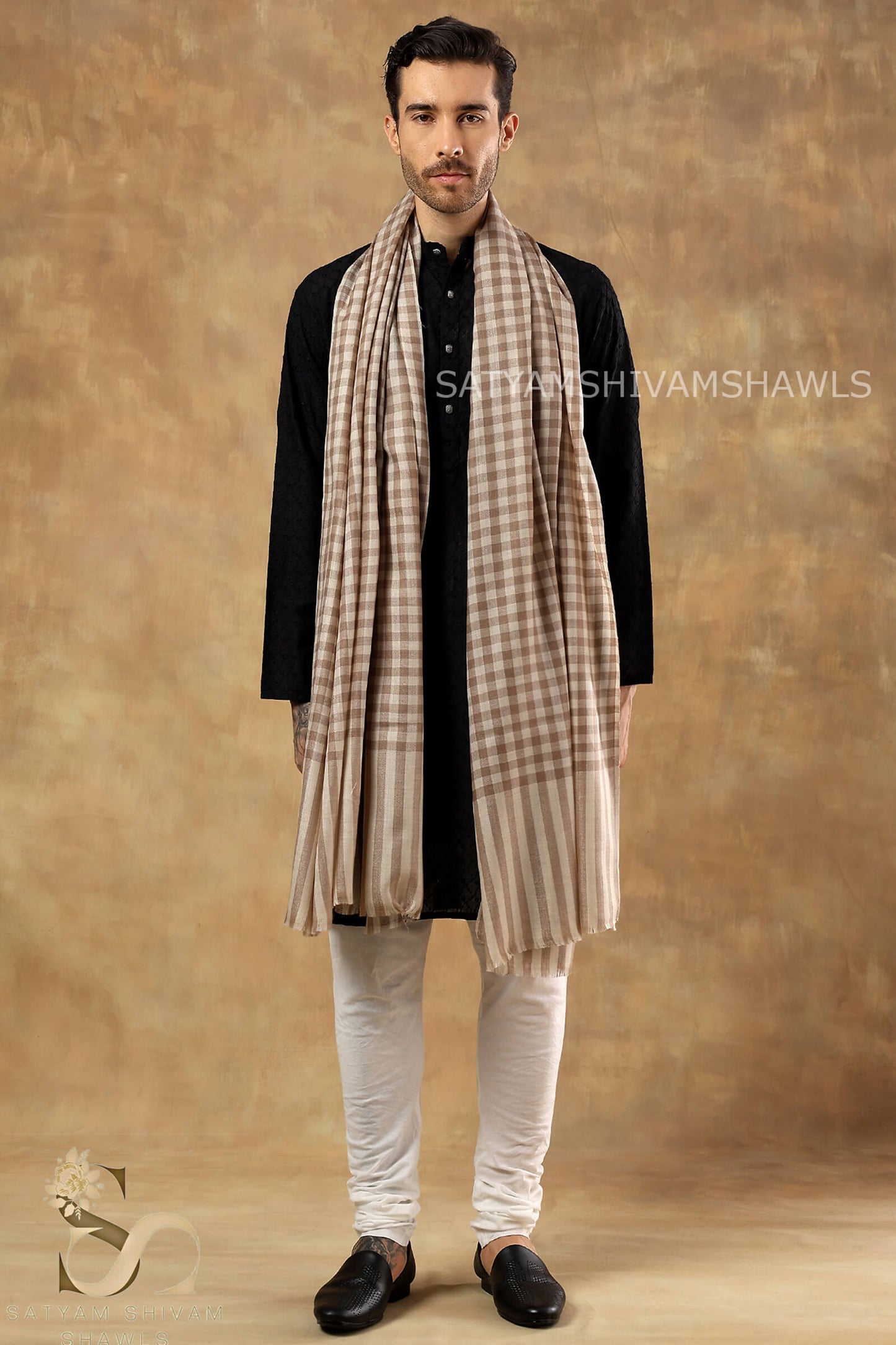 ROYAL LUXURY PASHMINA GENTS LOHI MIST CHECK DESIGN ,CAMEL SKIN,FULL SIZE