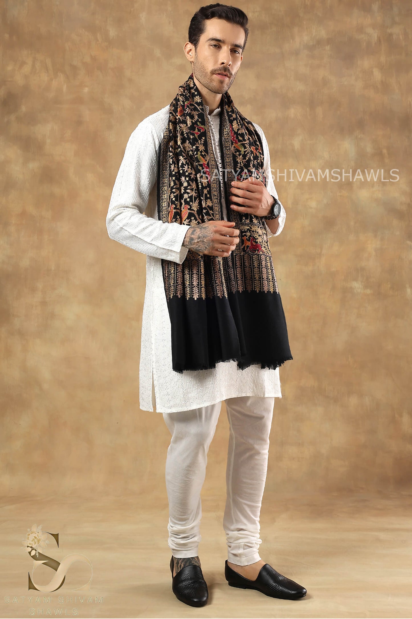 "SHIKAAR-E-KASHMIR" TILLA EMBROIDERY FINE PASHMINA WOOL MENS SHAWLS , WARM AND SOFT,BLACK