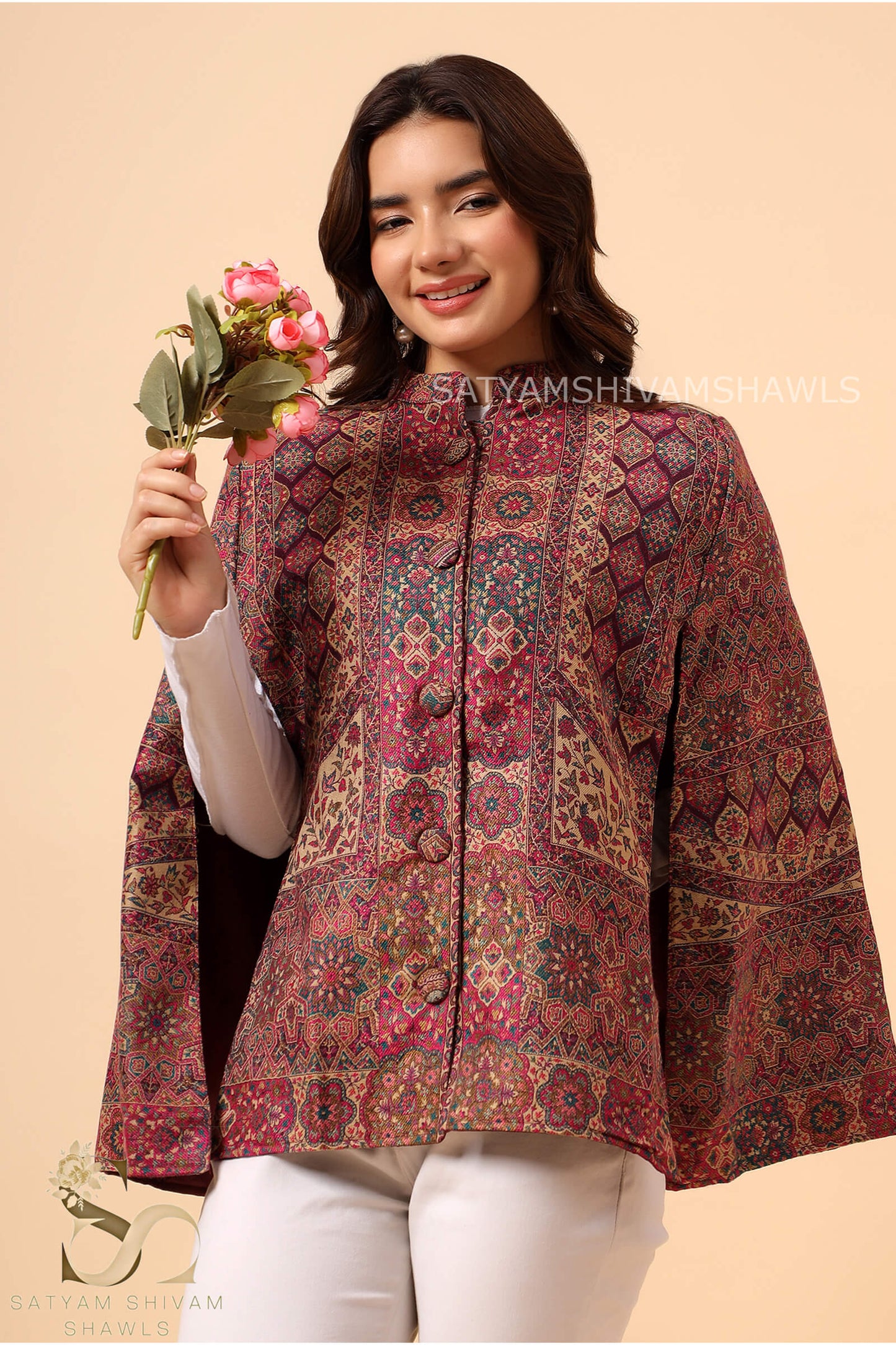 MANDALA KANI WOVEN KASHMIRI CAPE,WINE