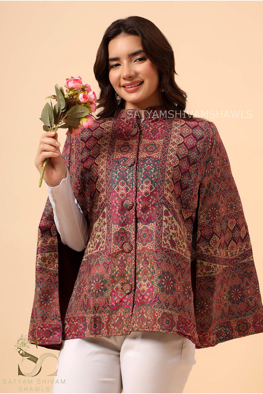 MANDALA KANI WOVEN KASHMIRI CAPE,WINE