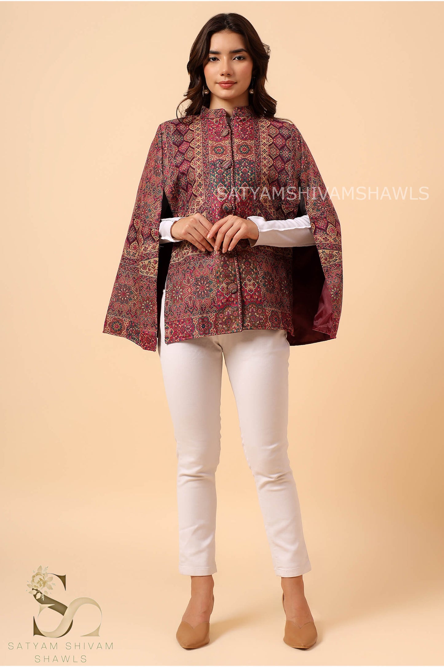 MANDALA KANI WOVEN KASHMIRI CAPE,WINE