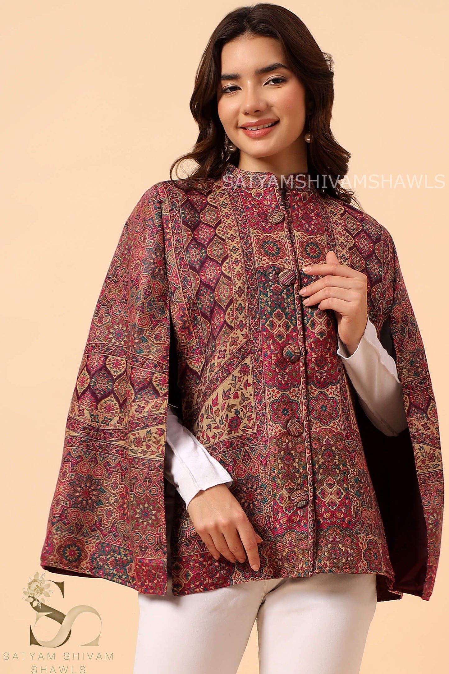 MANDALA KANI WOVEN KASHMIRI CAPE,WINE