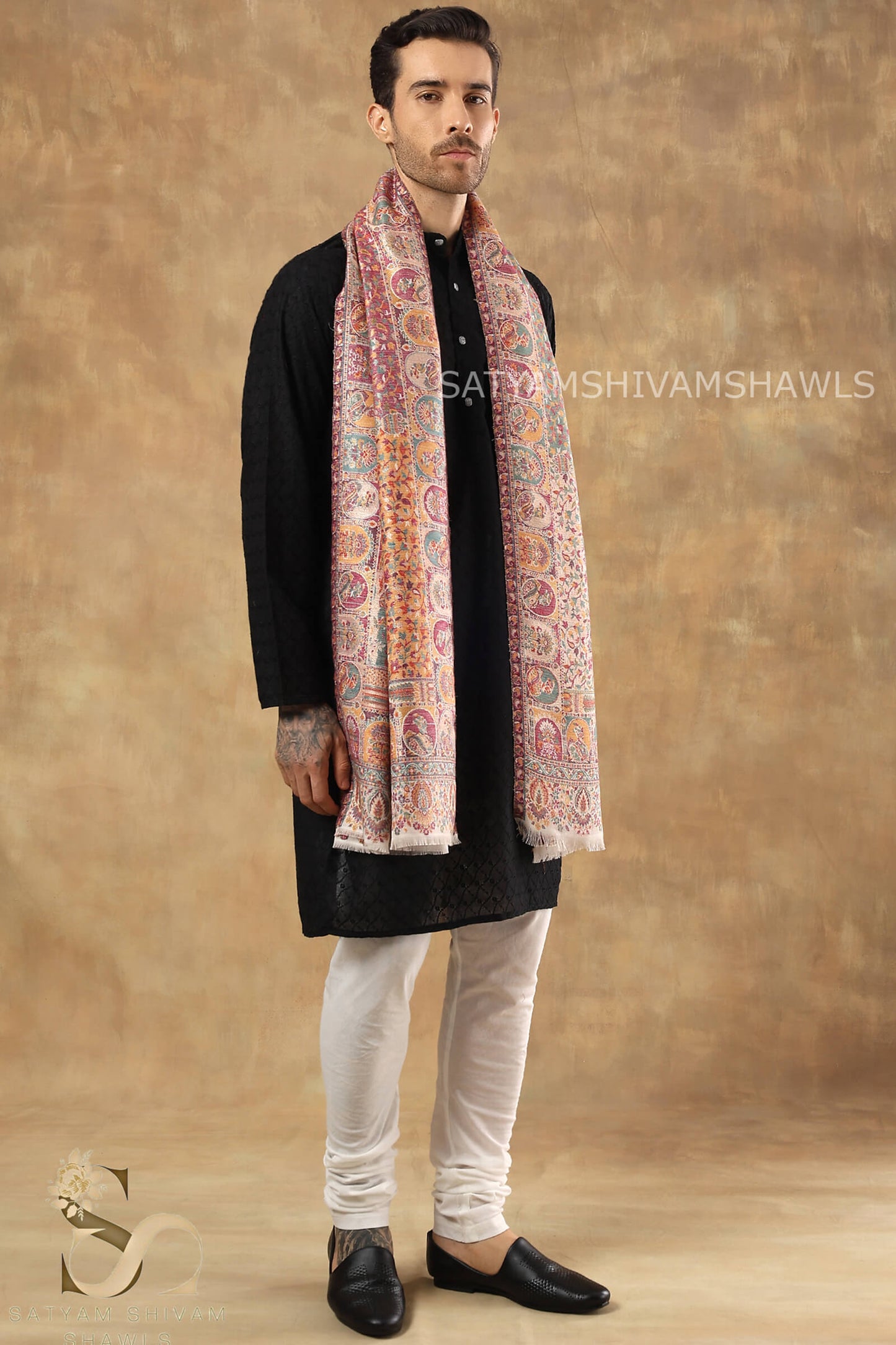 "SHAAN -E-DARBAR" THEME KANI  PASHMINA BLEND WOOL MENS STOLES, WHITE