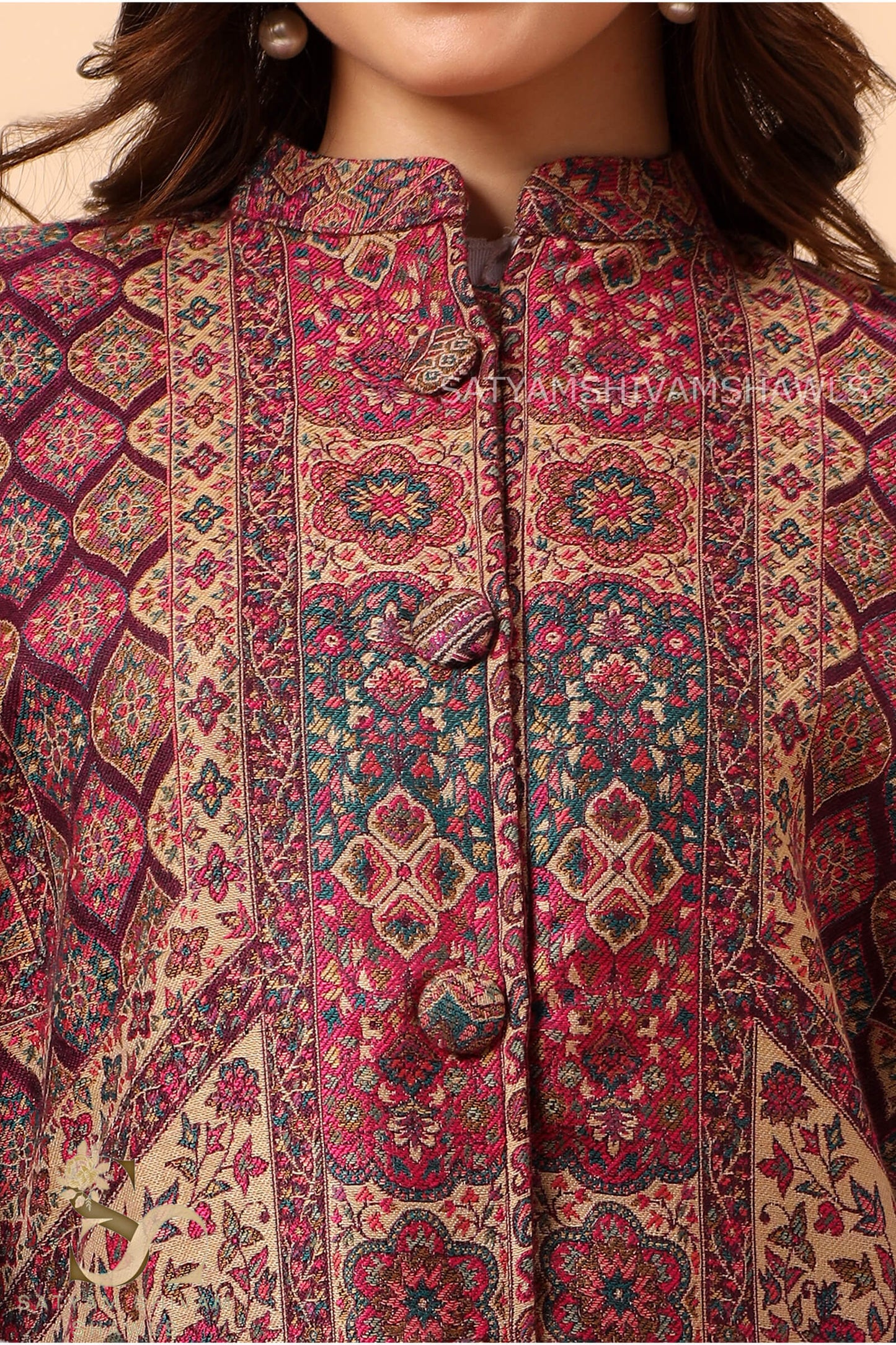 MANDALA KANI WOVEN KASHMIRI CAPE,WINE