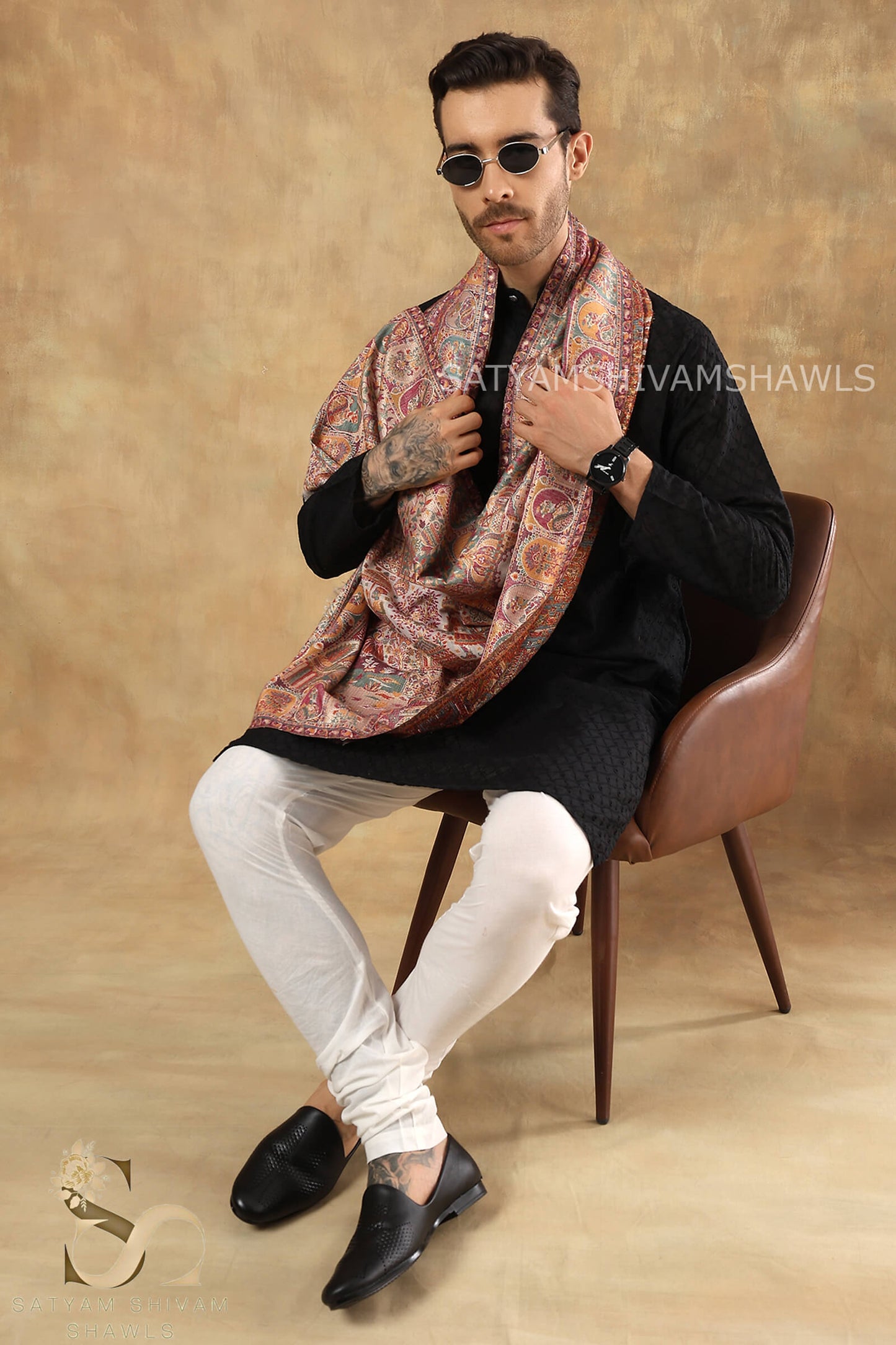 "SHAAN -E-DARBAR" THEME KANI  PASHMINA BLEND WOOL MENS STOLES, WHITE