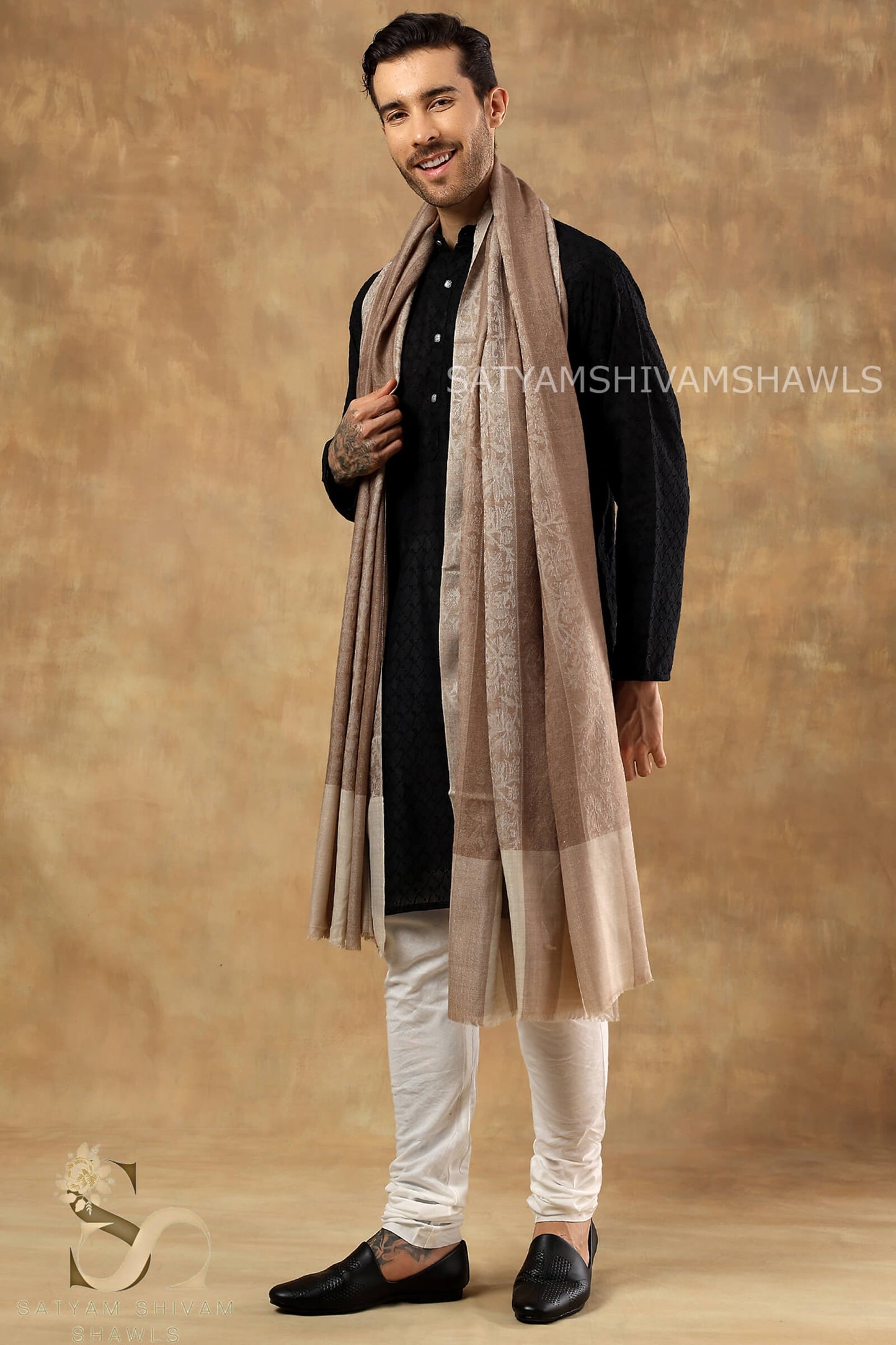 ROYAL LUXURY PASHMINA RING PASS GENTS LOHI KASHMIRI AUTHENTIC SELF STRIPS DESIGN , SKINISH TOOSH COLOUR