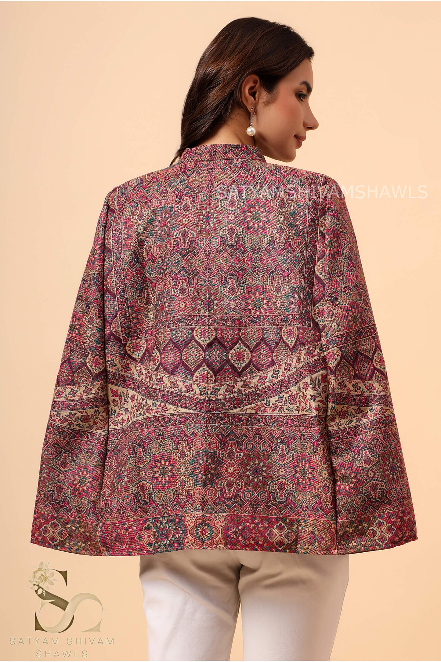 MANDALA KANI WOVEN KASHMIRI CAPE,WINE