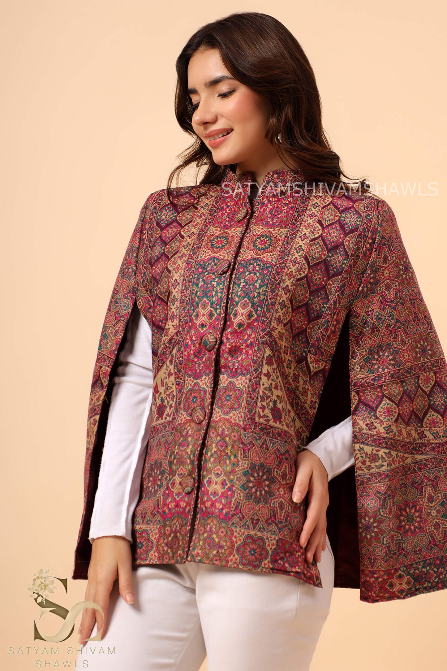 MANDALA KANI WOVEN KASHMIRI CAPE,WINE