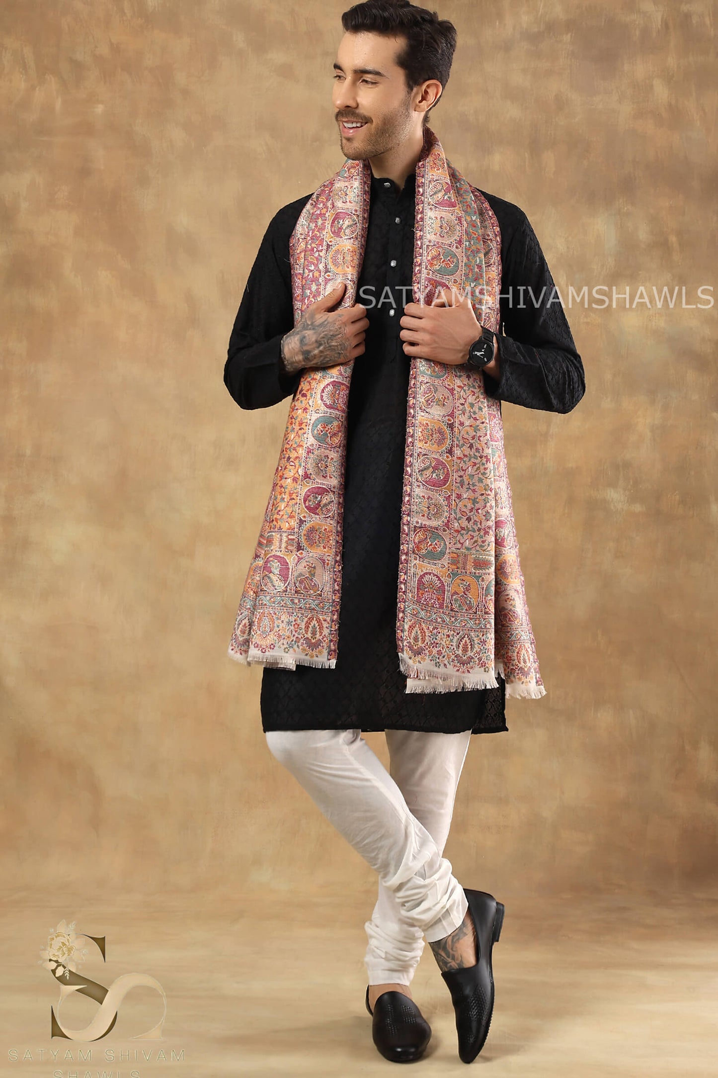 "SHAAN -E-DARBAR" THEME KANI  PASHMINA BLEND WOOL MENS STOLES, WHITE