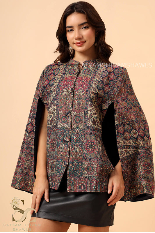MANDALA KANI WOVEN KASHMIRI CAPE,MIDNIGHT BLUE