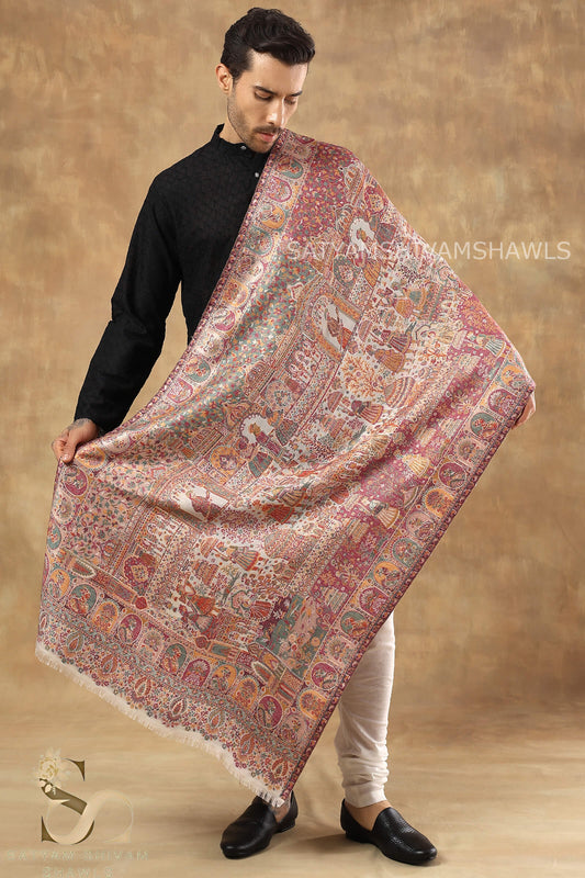 "SHAAN -E-DARBAR" THEME KANI  PASHMINA BLEND WOOL MENS STOLES, WHITE