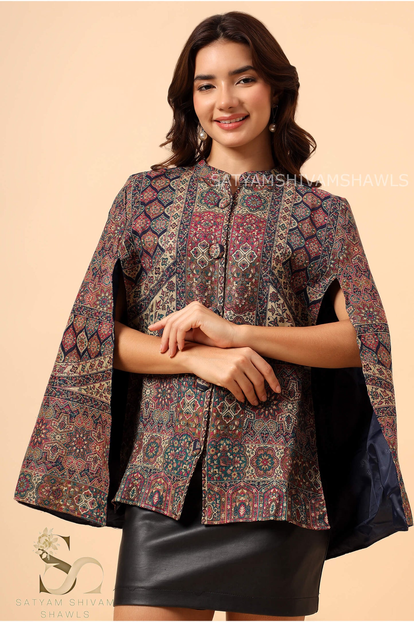 MANDALA KANI WOVEN KASHMIRI CAPE,MIDNIGHT BLUE