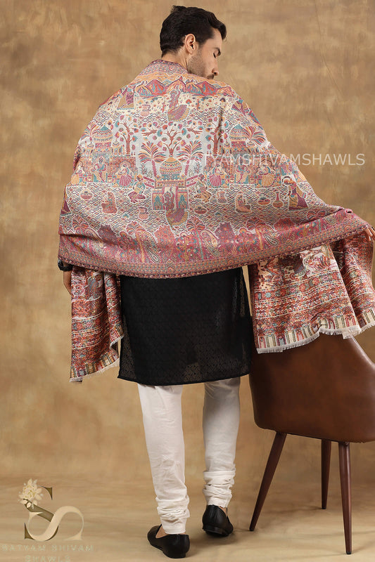 SHAHI DARBAR MOUNTAIN THEME KANI WOVEN MENS STOLE ,WHITE