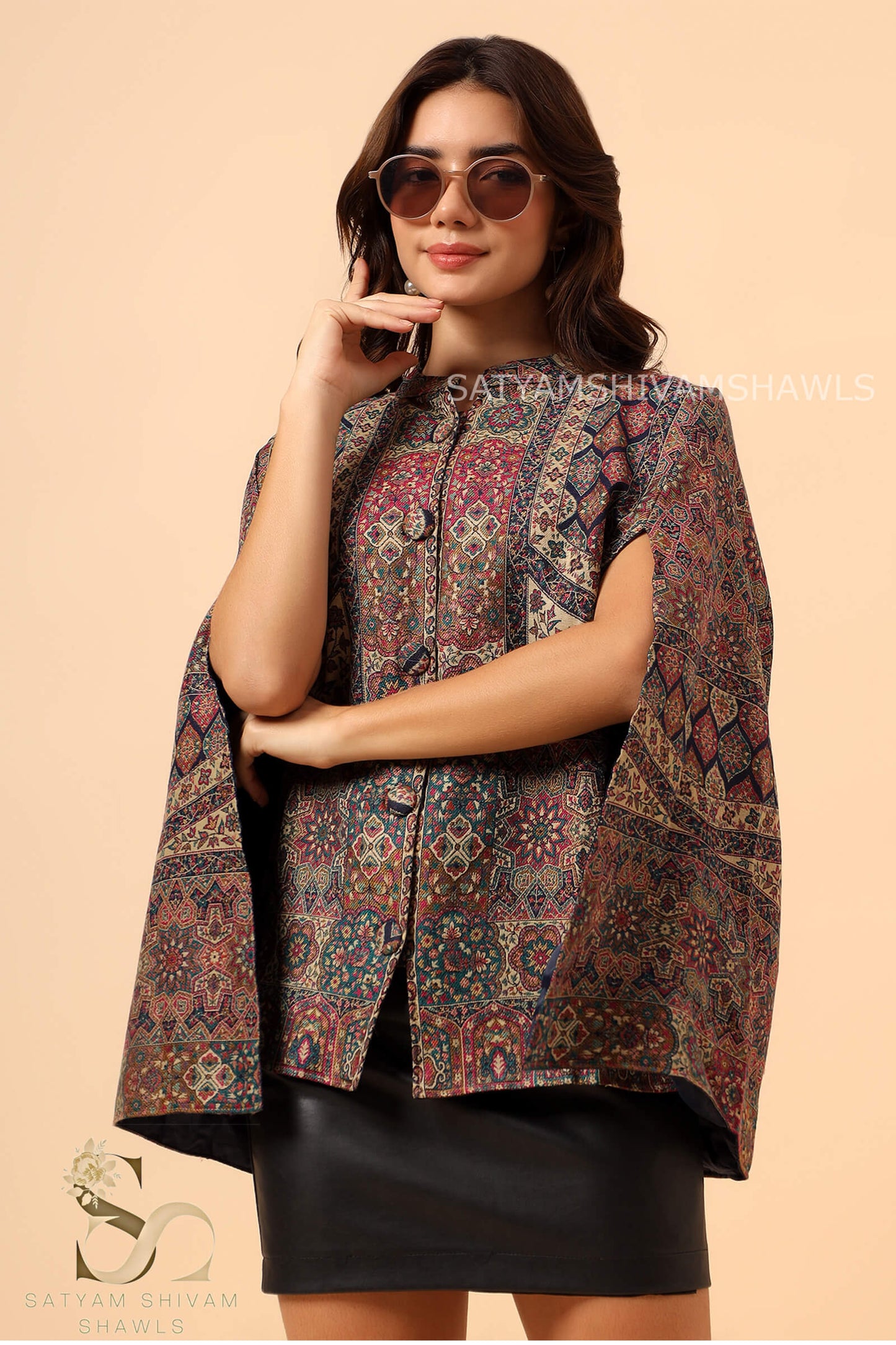 MANDALA KANI WOVEN KASHMIRI CAPE,MIDNIGHT BLUE