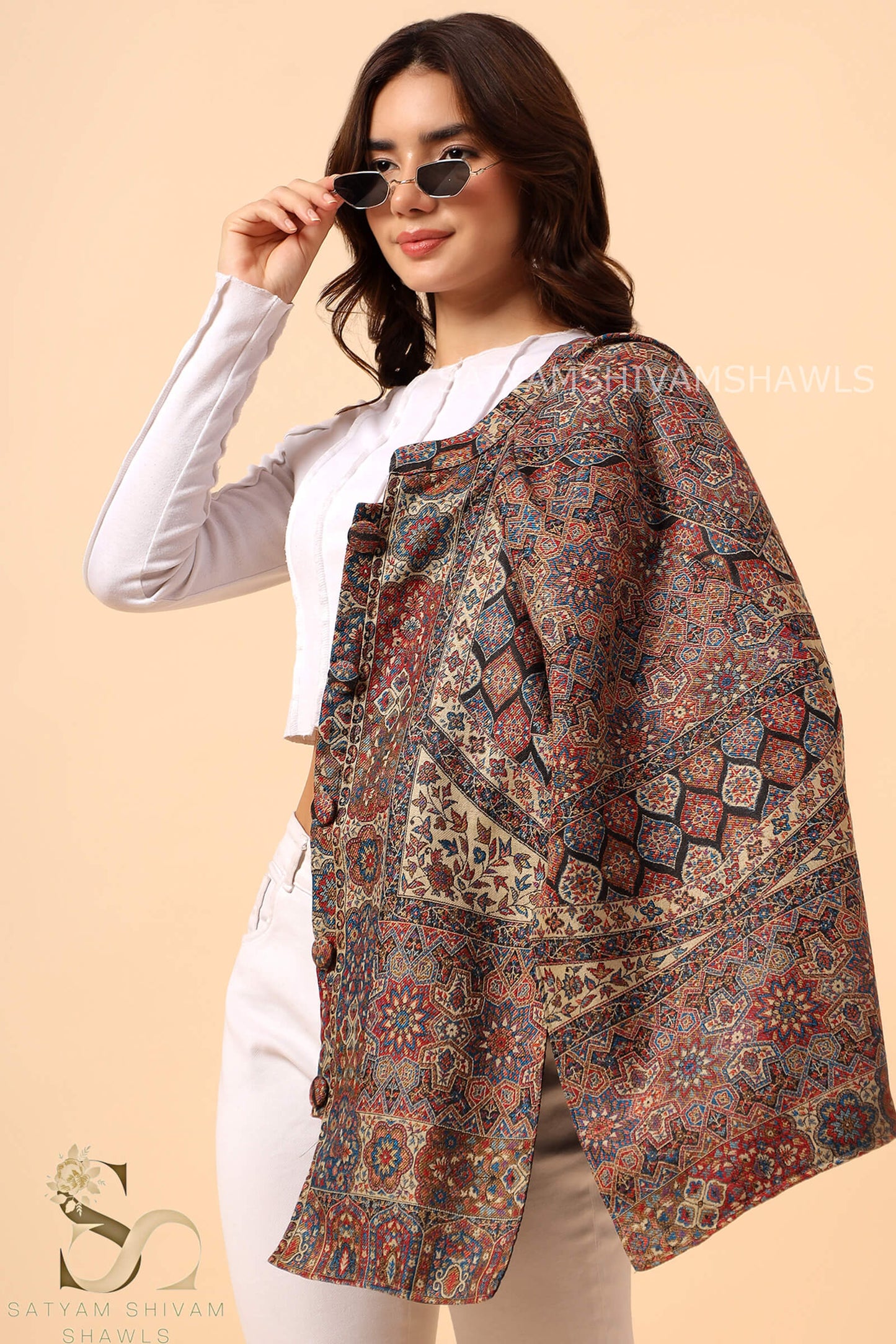 MANDALA KANI WOVEN KASHMIRI CAPE,BLACK