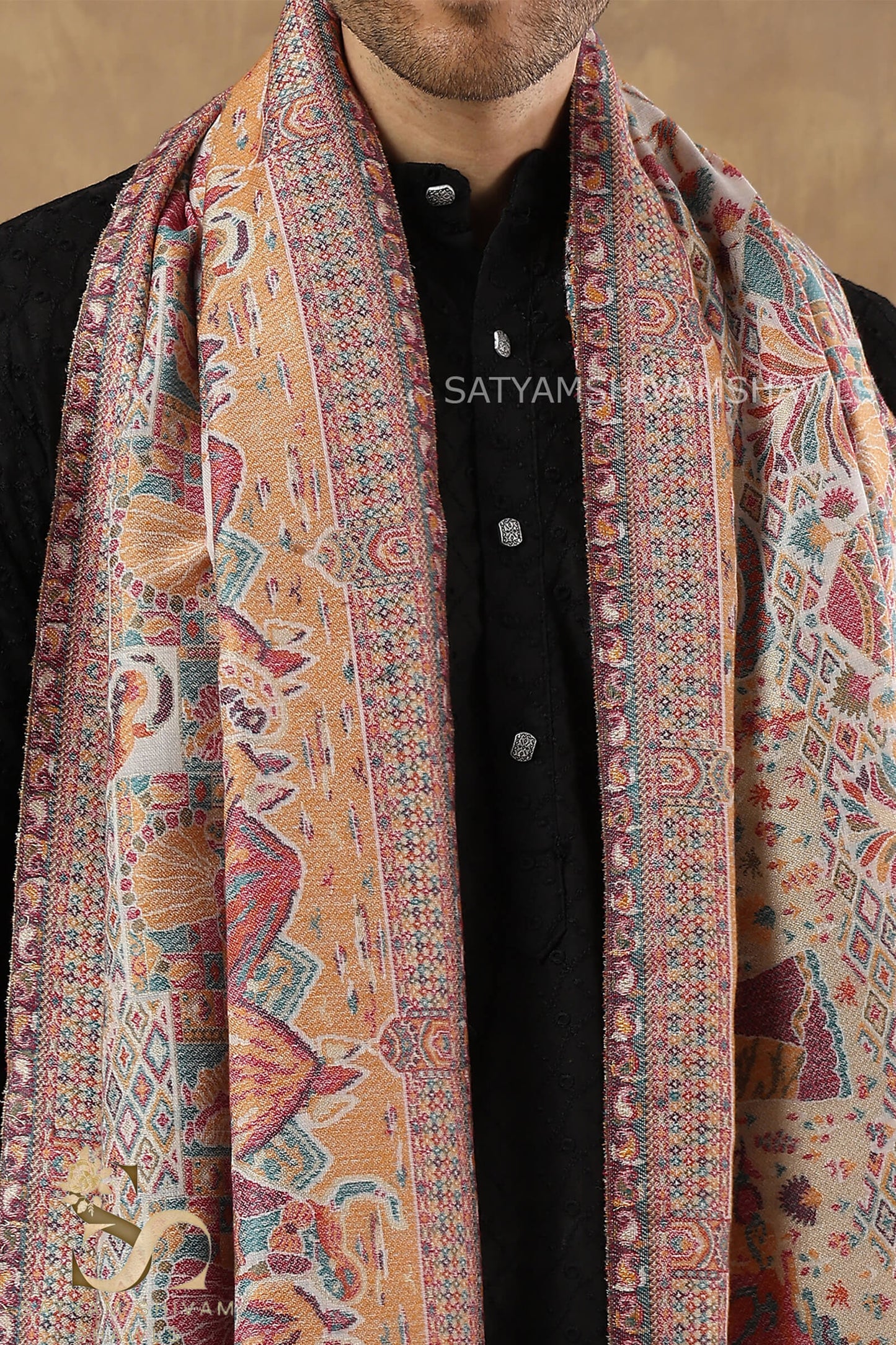 SHAHI DARBAR MOUNTAIN THEME KANI WOVEN MENS STOLE ,WHITE