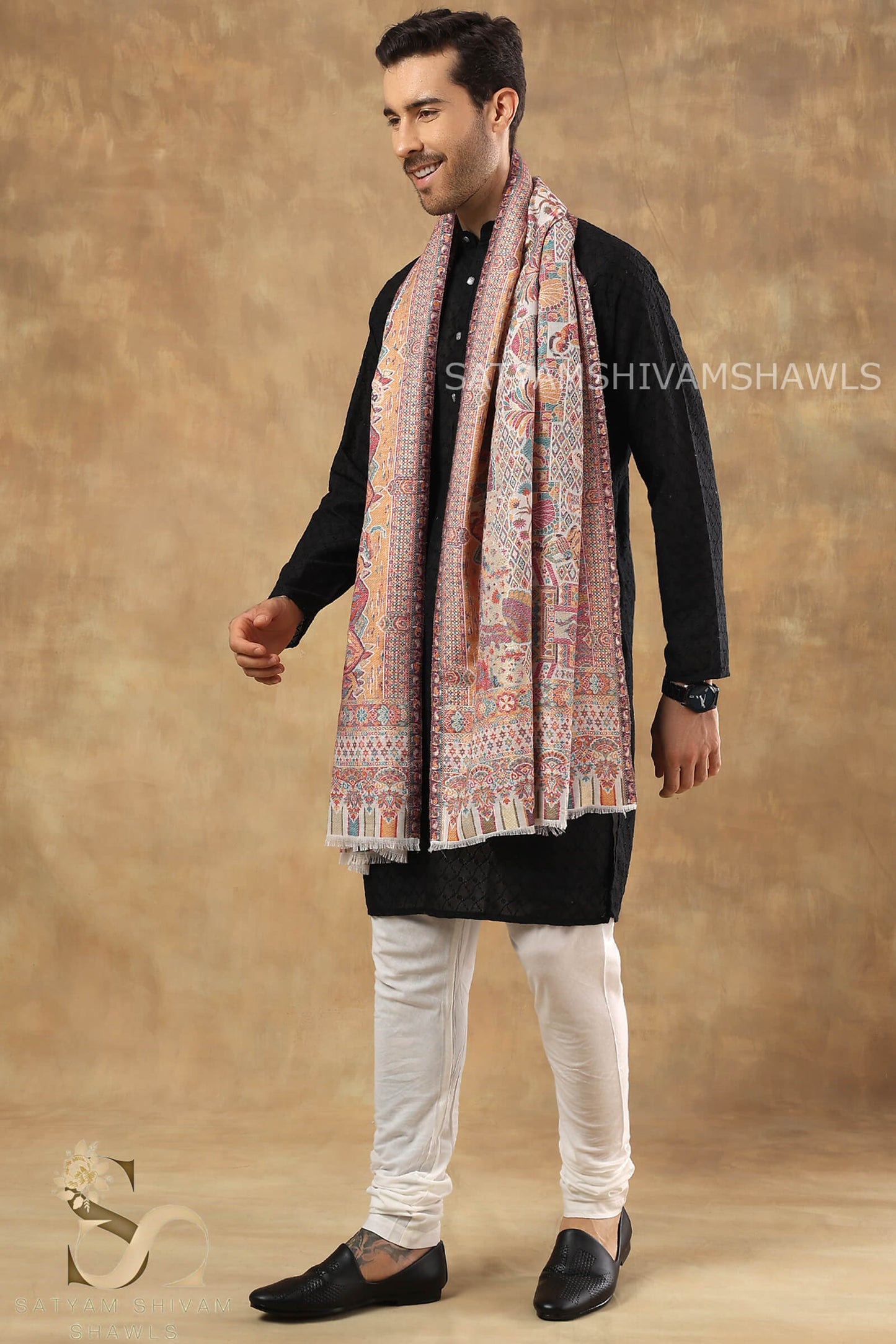 SHAHI DARBAR MOUNTAIN THEME KANI WOVEN MENS STOLE ,WHITE