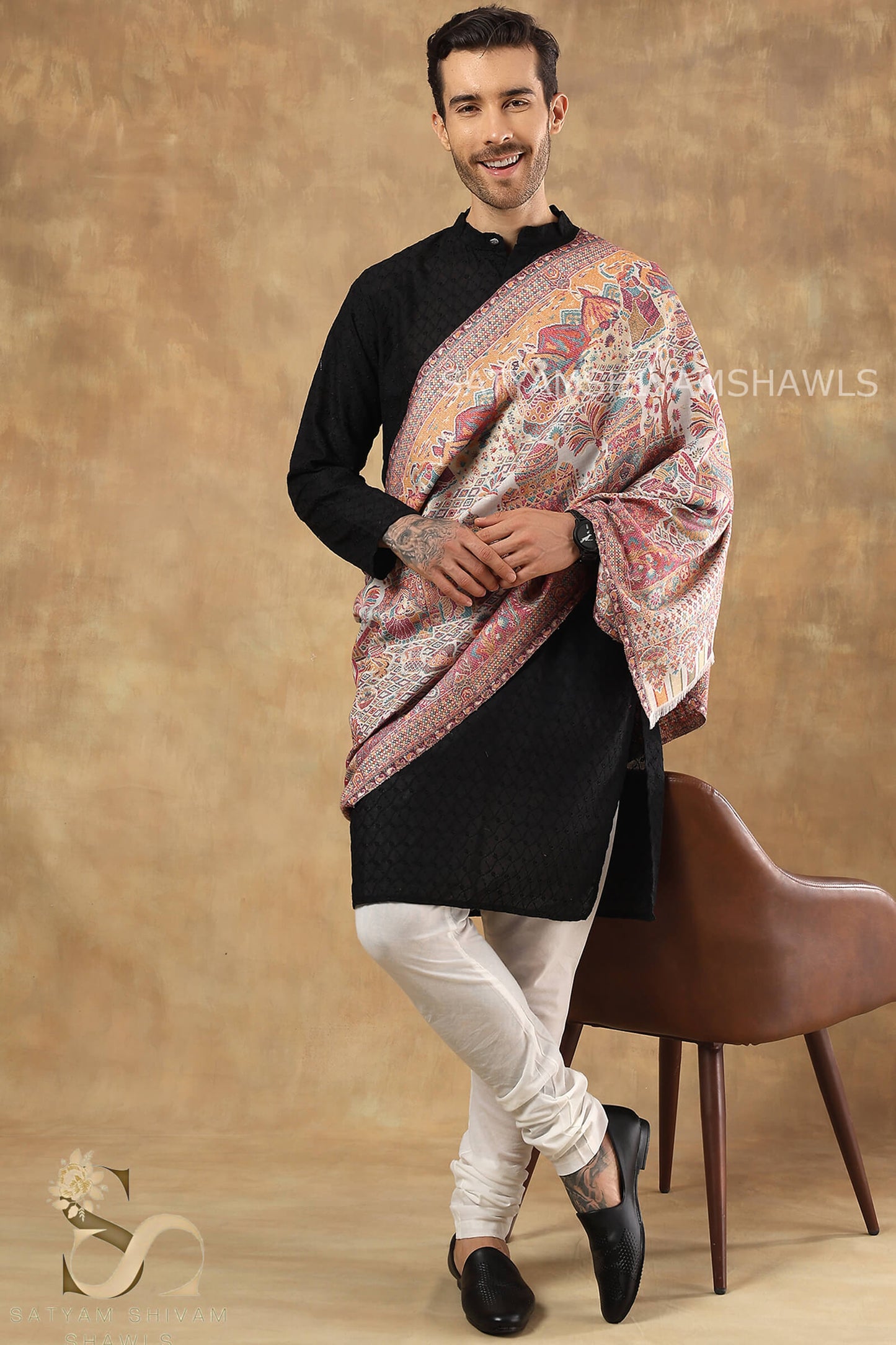 SHAHI DARBAR MOUNTAIN THEME KANI WOVEN MENS STOLE ,WHITE