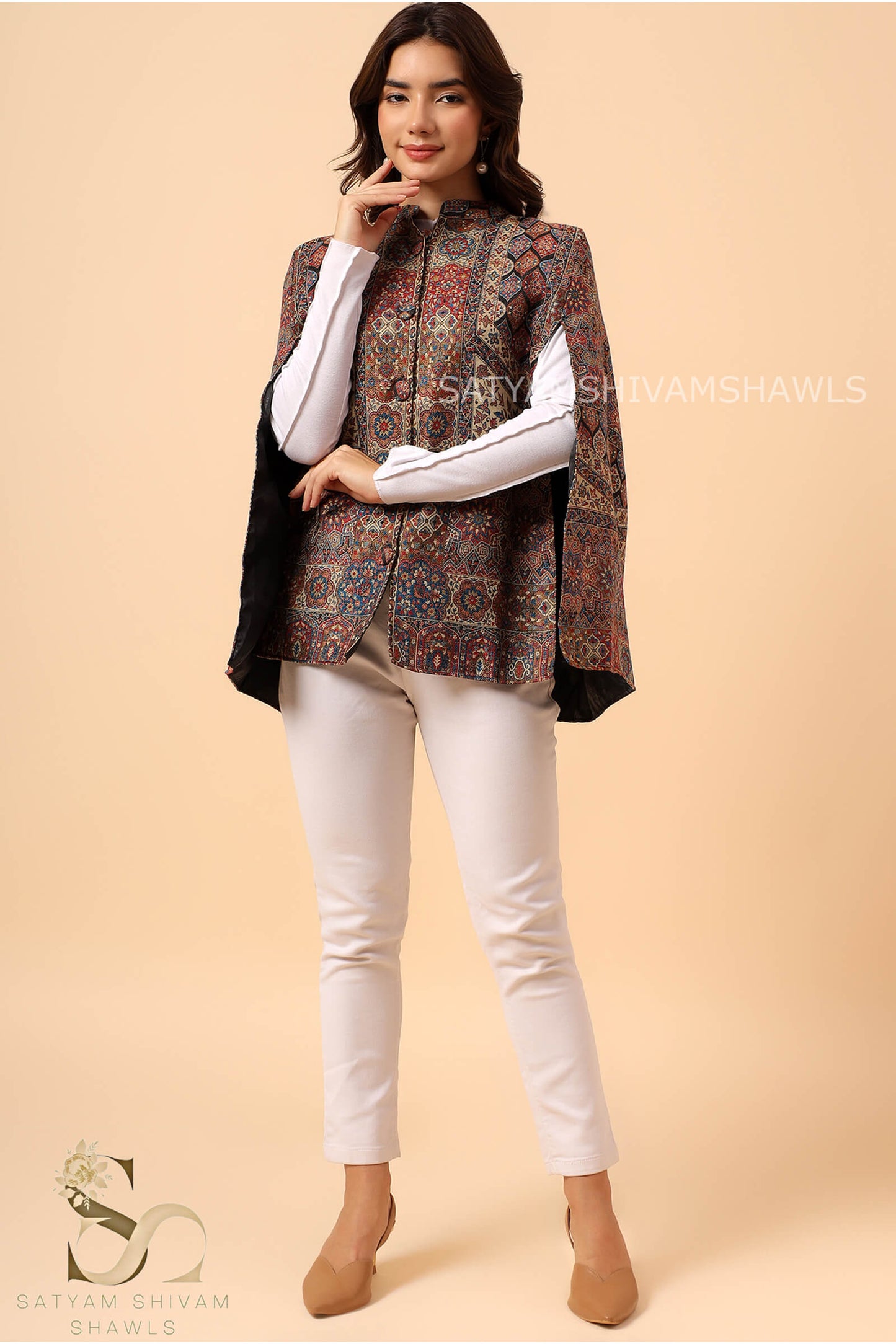 MANDALA KANI WOVEN KASHMIRI CAPE,BLACK