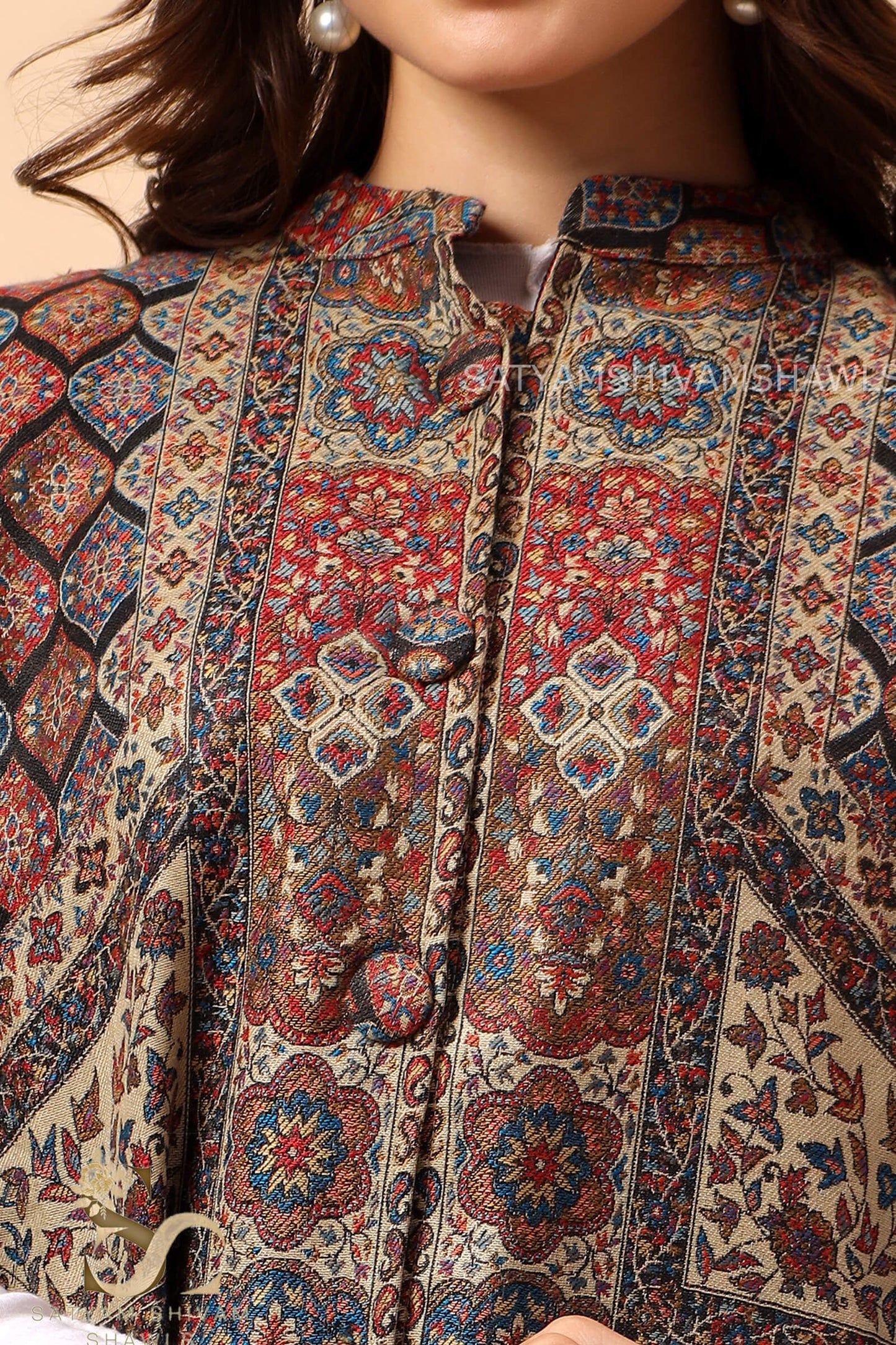 MANDALA KANI WOVEN KASHMIRI CAPE,BLACK