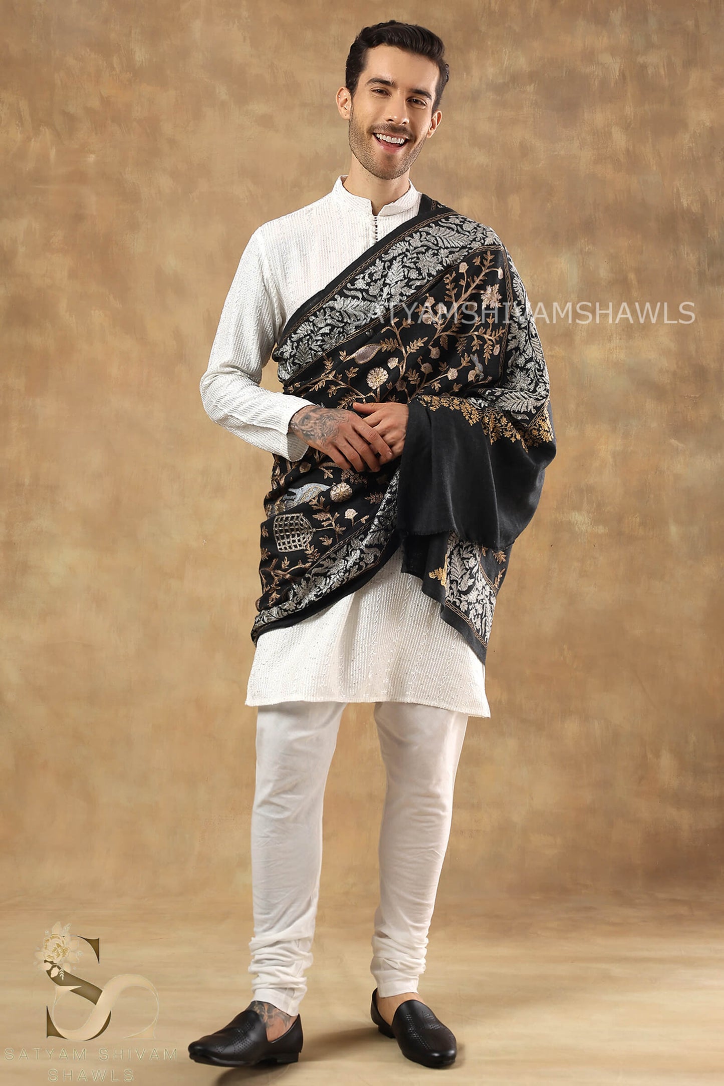 "SHIKAAR-E-KASHMIR" TILLA EMBRODIERY FINE PASHMINA WOOL, WARM AND SOFT,CHARCOAL