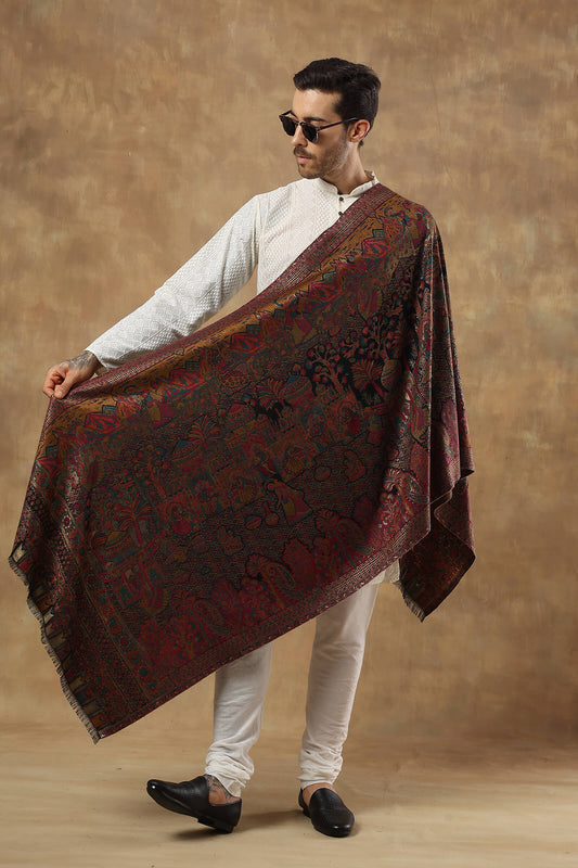 SHAHI DARBAR MOUNTAIN THEME KANI WOVEN MENS STOLE ,BLACK