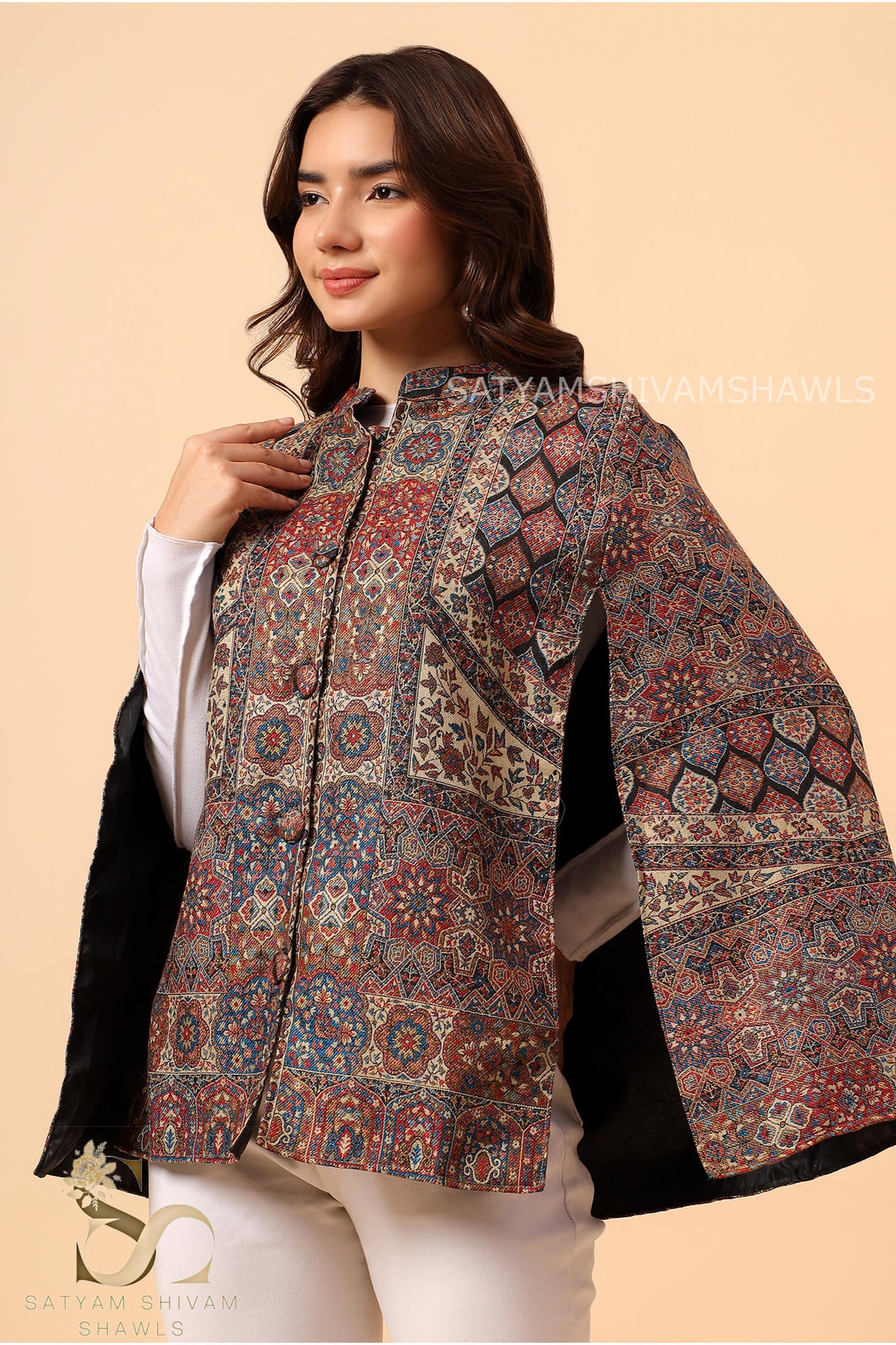 MANDALA KANI WOVEN KASHMIRI CAPE,BLACK