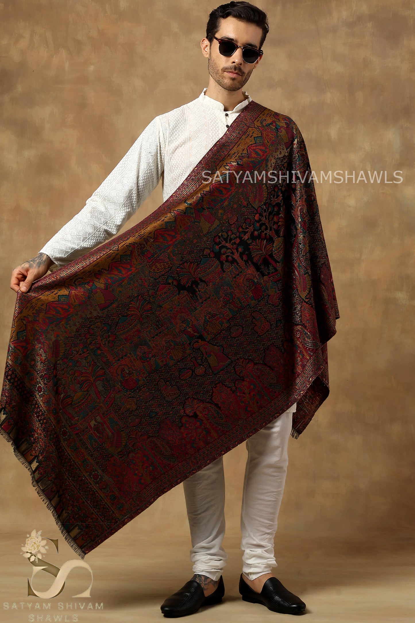 SHAHI DARBAR MOUNTAIN THEME KANI WOVEN MENS STOLE ,BLACK