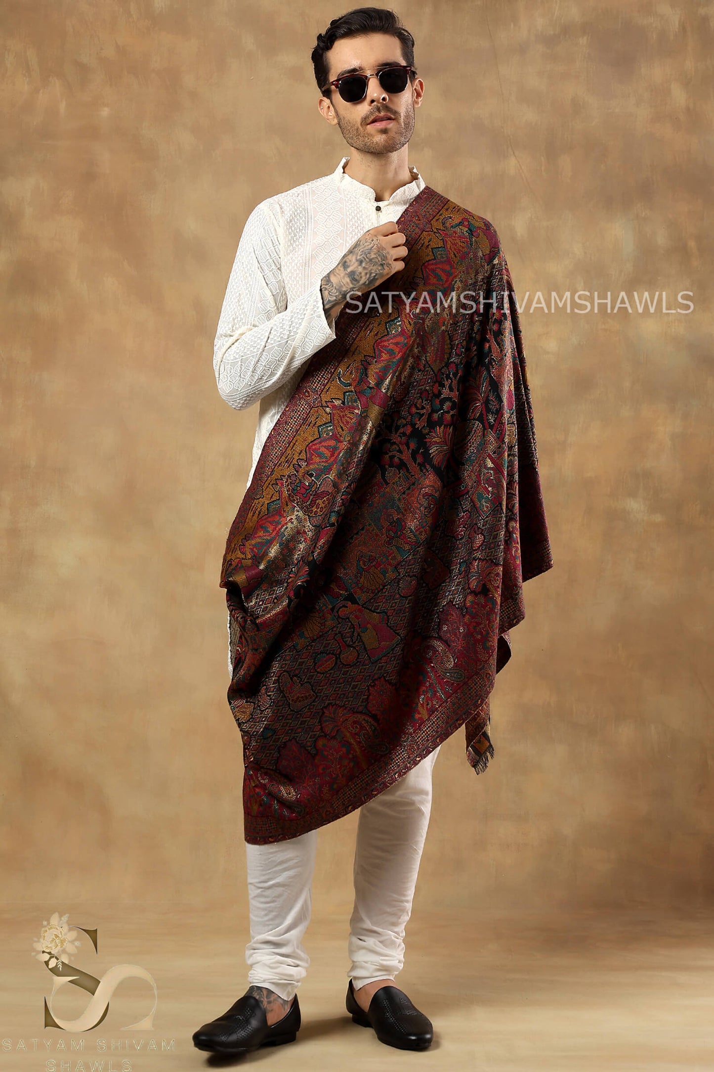 SHAHI DARBAR MOUNTAIN THEME KANI WOVEN MENS STOLE ,BLACK