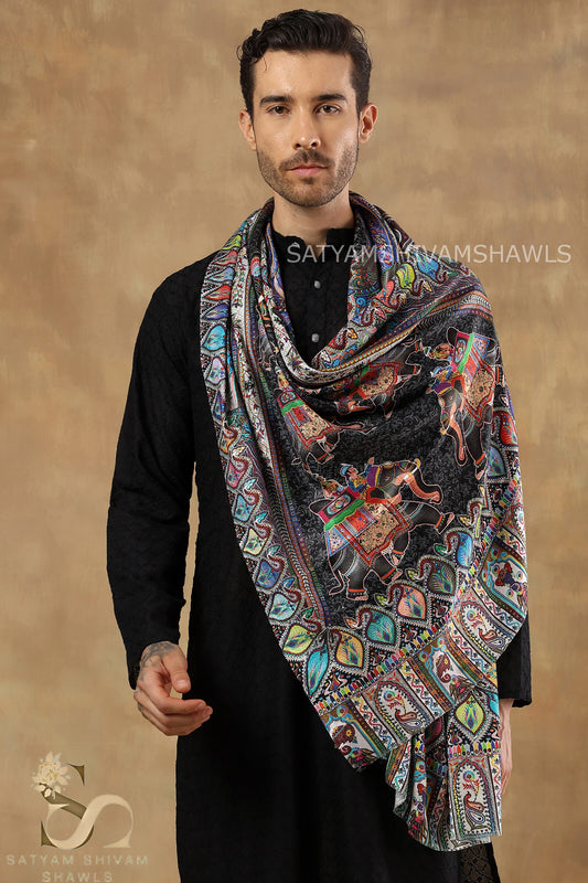 SHIKAARDAR WOMENS FINE SOFT PRINT SILK WOOL STOLE,BLACK