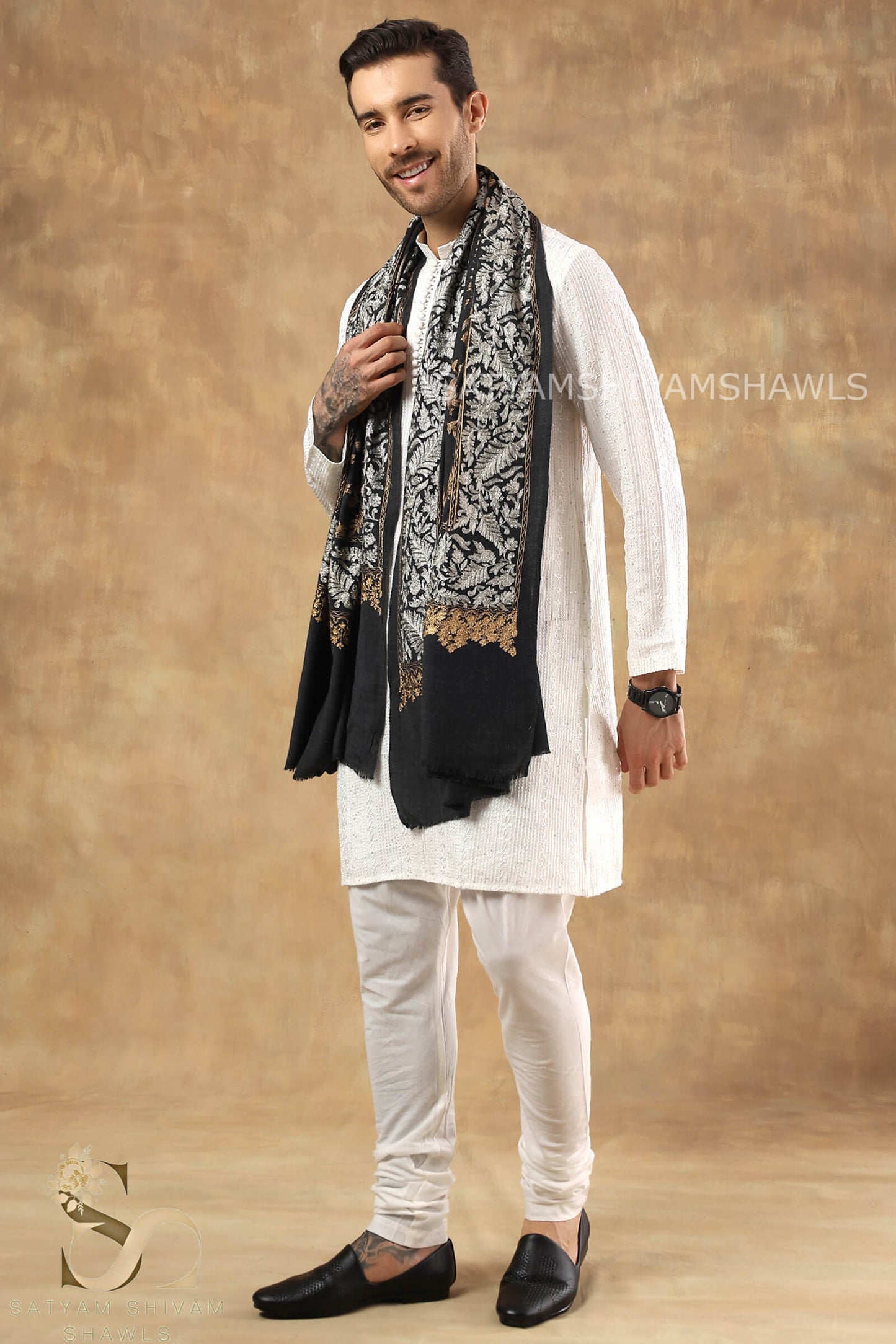 "SHIKAAR-E-KASHMIR" TILLA EMBRODIERY FINE PASHMINA WOOL, WARM AND SOFT,CHARCOAL
