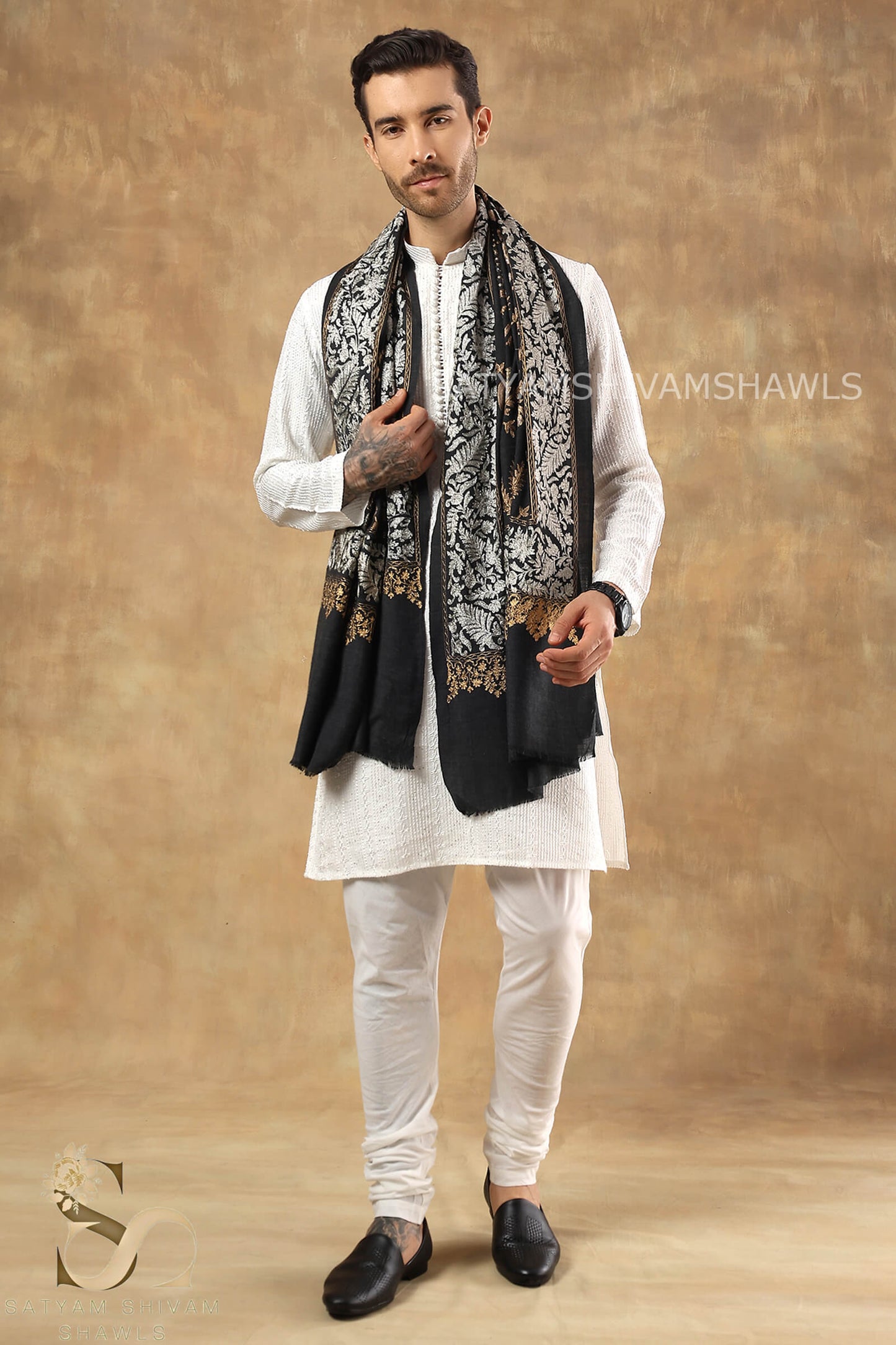 "SHIKAAR-E-KASHMIR" TILLA EMBRODIERY FINE PASHMINA WOOL, WARM AND SOFT,CHARCOAL