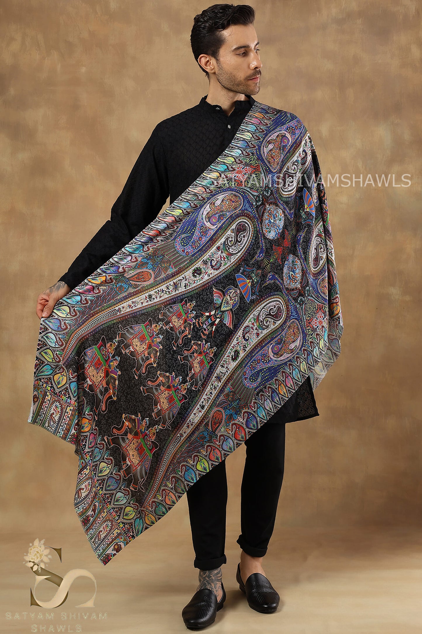 SHIKAARDAR WOMENS FINE SOFT PRINT SILK WOOL STOLE,BLACK