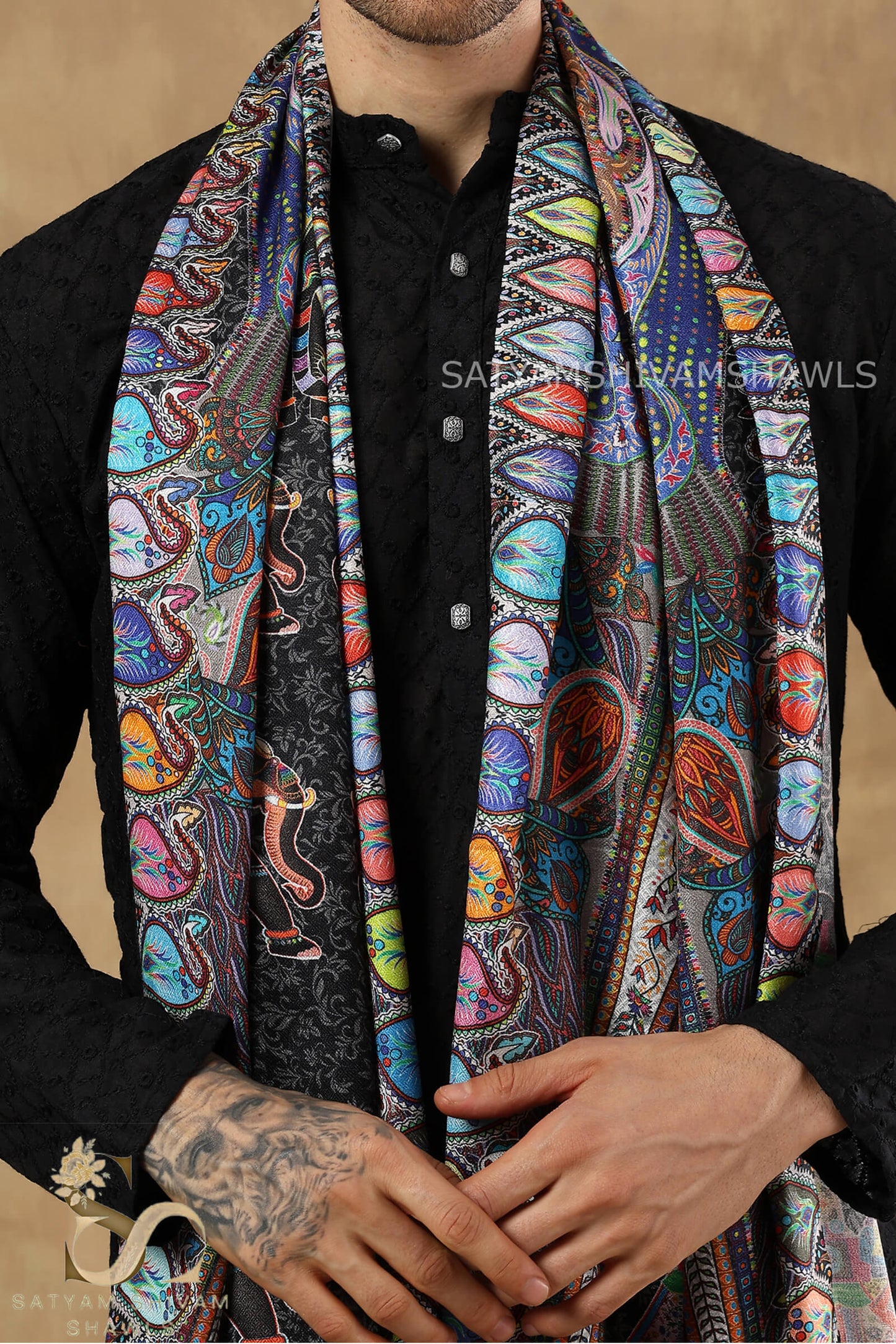 SHIKAARDAR WOMENS FINE SOFT PRINT SILK WOOL STOLE,BLACK