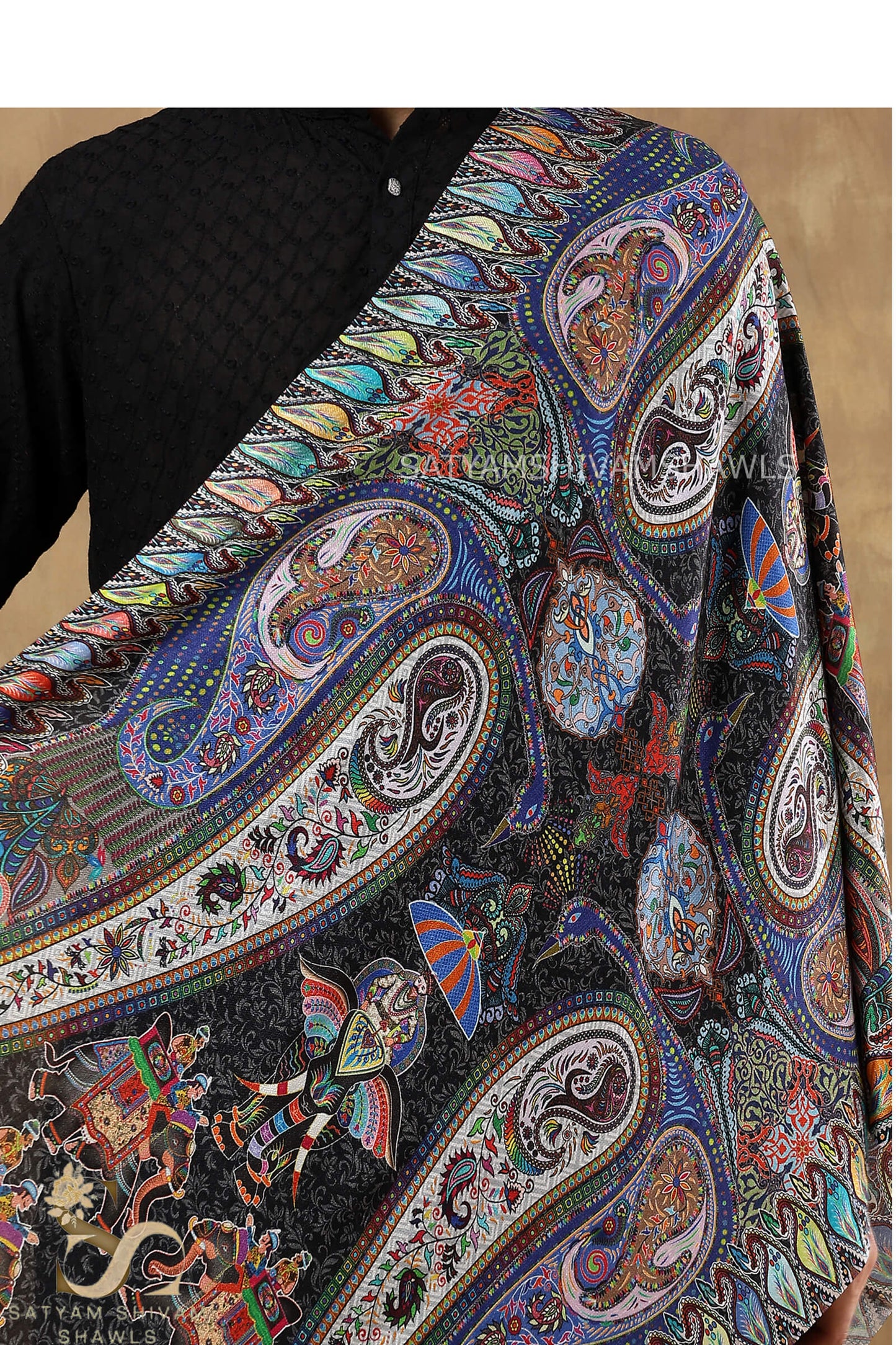 SHIKAARDAR WOMENS FINE SOFT PRINT SILK WOOL STOLE,BLACK