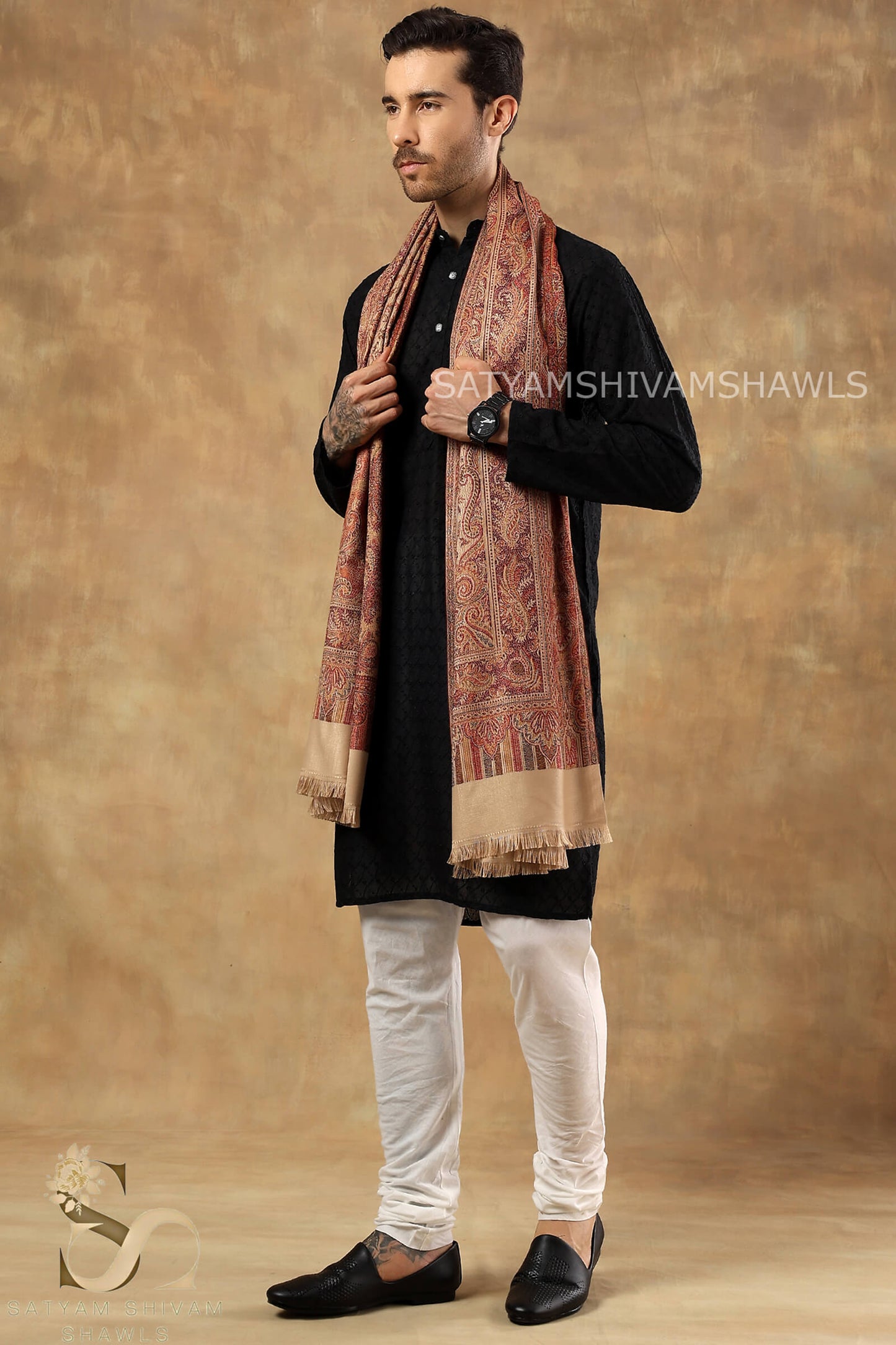 VINTAGE ROYAL JAMAWAR PAISLEY KANI DESIGN MENS SHAWL,BEIGE