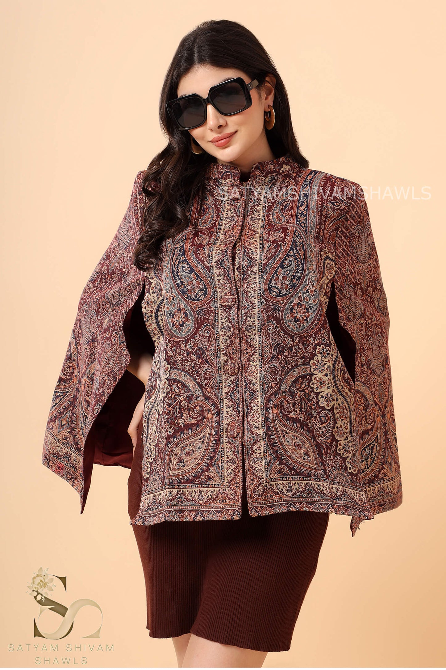 KASHIDA SUPERIOR KANI CAPE WITH MIDNIGHT KASHMIRI MEHROON CAPE