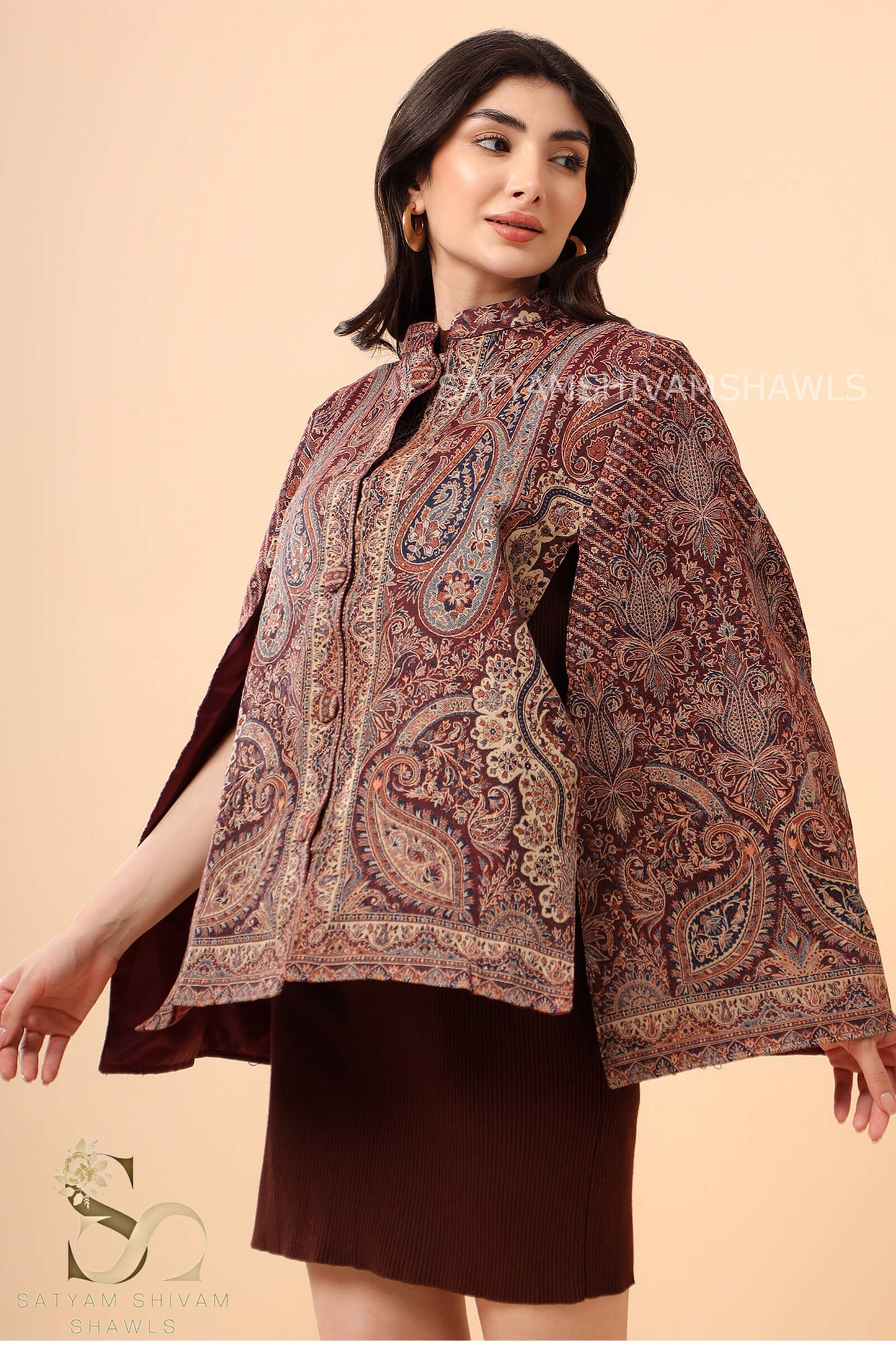 KASHIDA SUPERIOR KANI CAPE WITH MIDNIGHT KASHMIRI MEHROON CAPE