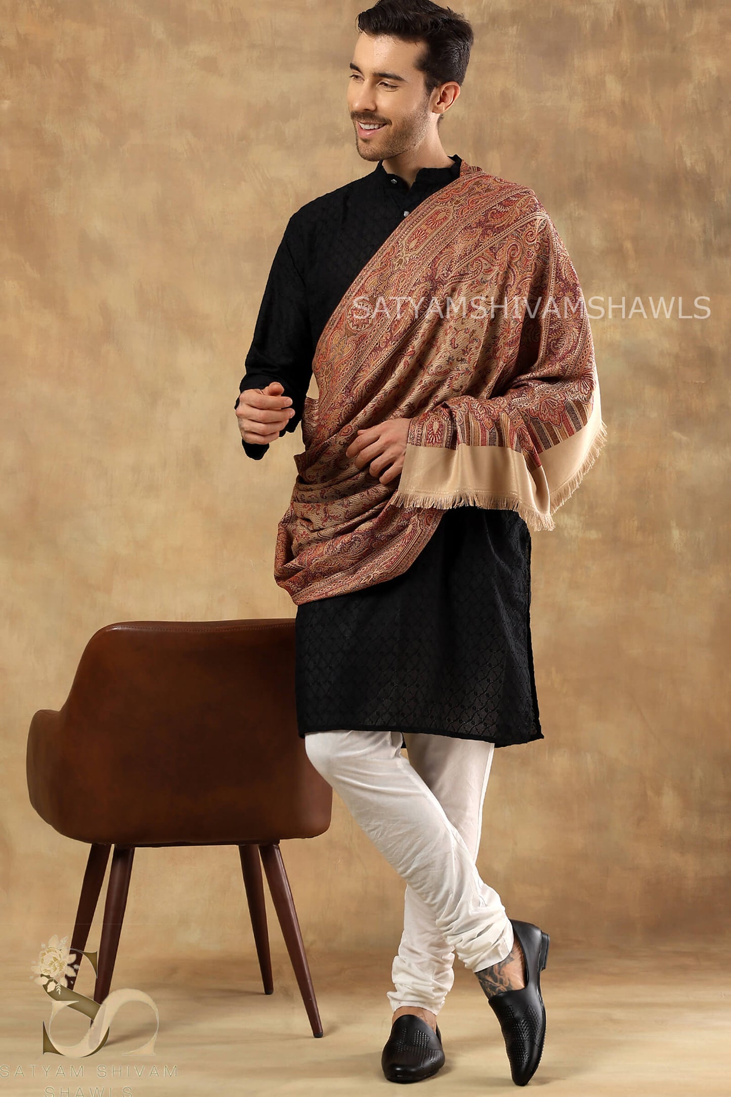 VINTAGE ROYAL JAMAWAR PAISLEY KANI DESIGN MENS SHAWL,BEIGE