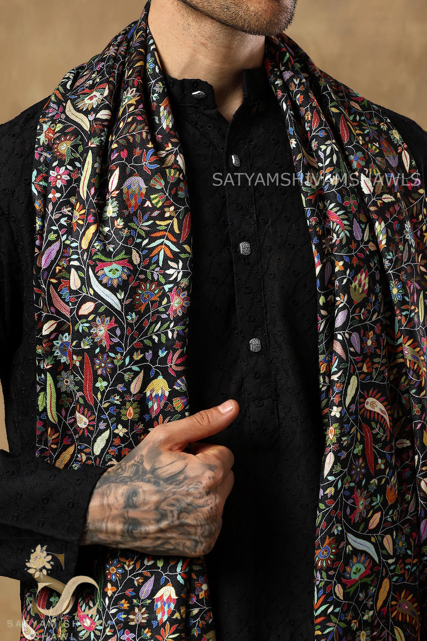 PAISLEY KALAMKARI LEAF DESIGN MENS SOFT SILK PRINT WOOL STOLES,BLACK