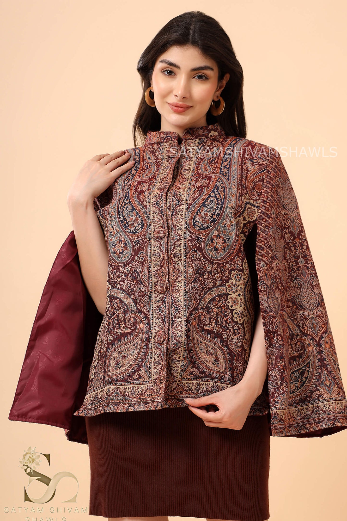 KASHIDA SUPERIOR KANI CAPE WITH MIDNIGHT KASHMIRI MEHROON CAPE
