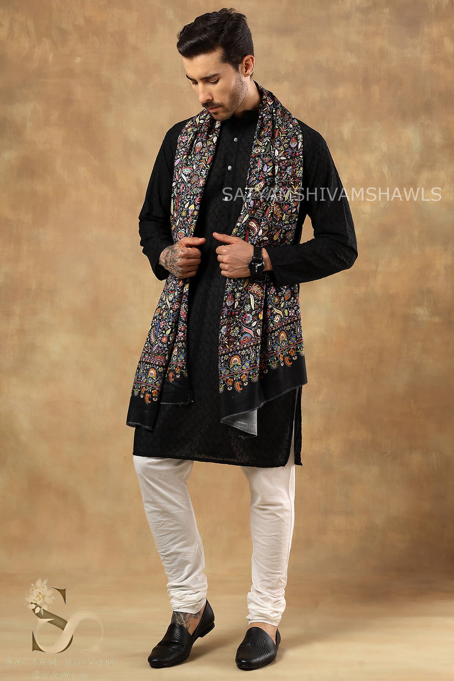 PAISLEY KALAMKARI LEAF DESIGN MENS SOFT SILK PRINT WOOL STOLES,BLACK