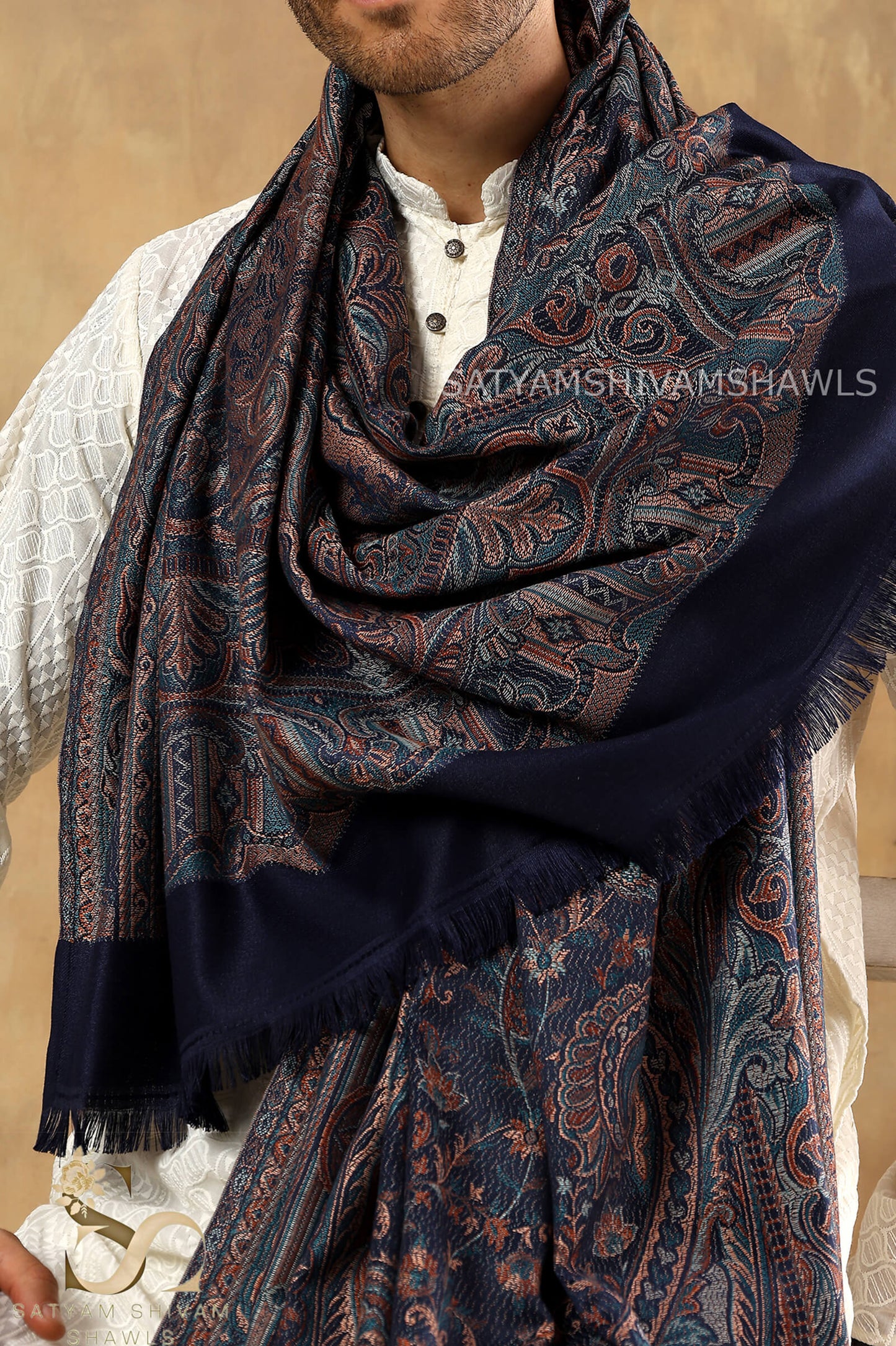 VINTAGE ROYAL JAMAWAR PAISLEY KANI DESIGN MENS SHAWL,NAVYBLUE