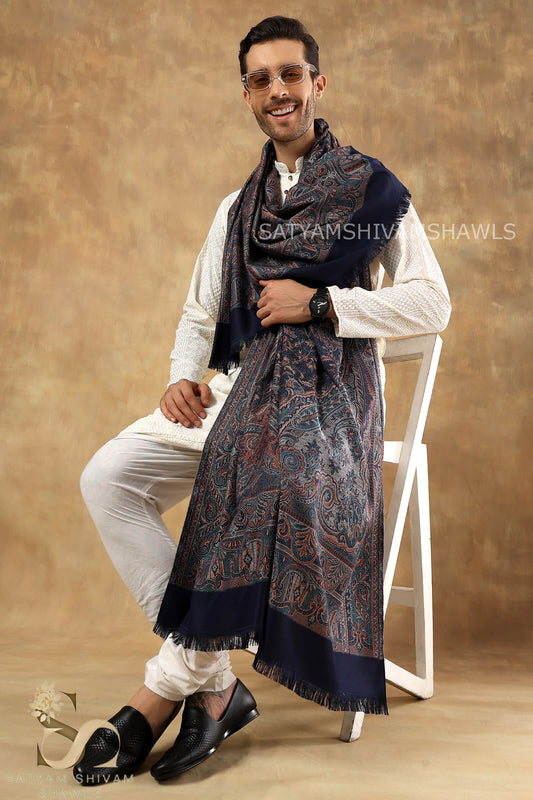 VINTAGE ROYAL JAMAWAR PAISLEY KANI DESIGN MENS SHAWL,NAVYBLUE