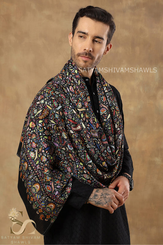 PAISLEY KALAMKARI LEAF DESIGN MENS SOFT SILK PRINT WOOL STOLES,BLACK