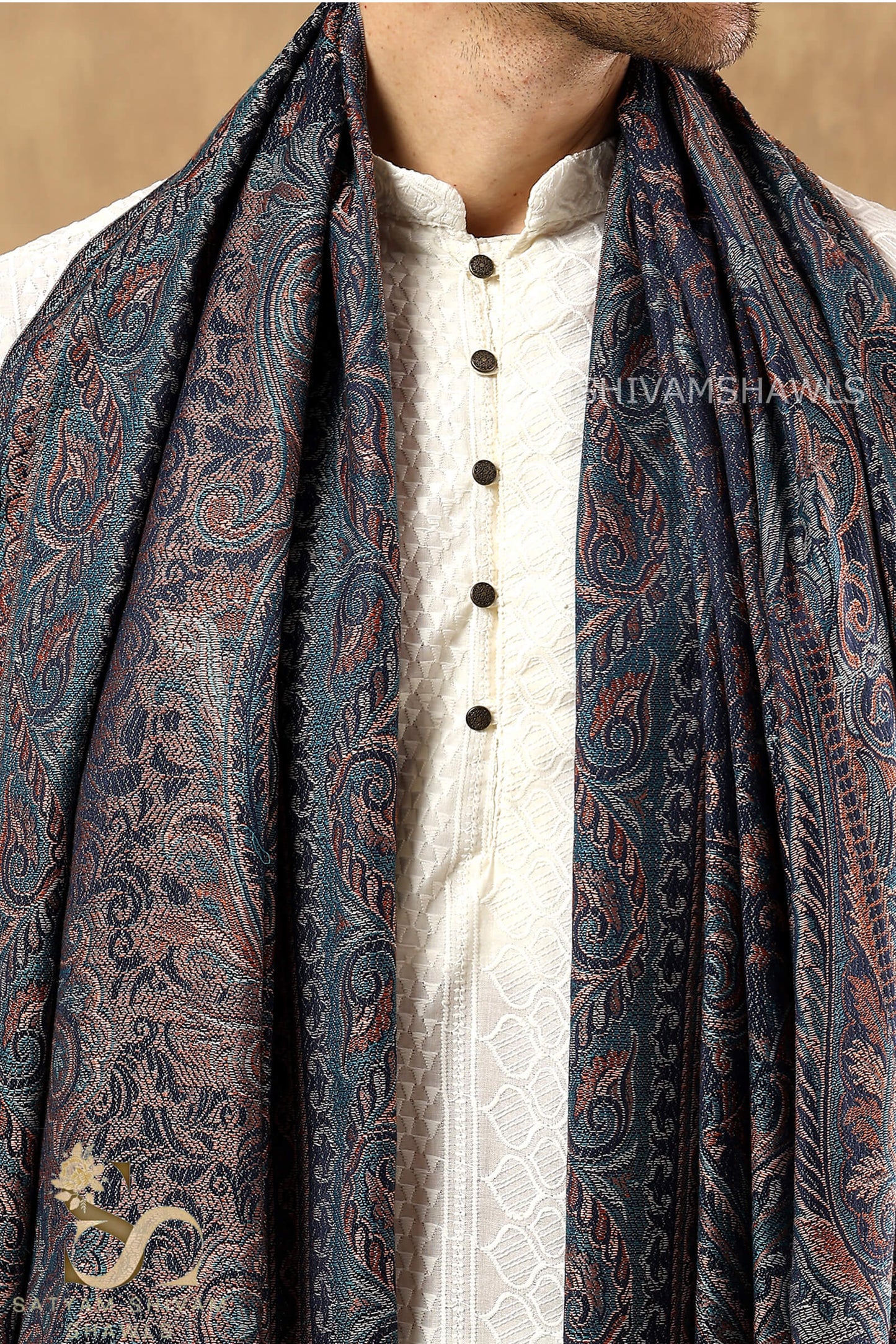 VINTAGE ROYAL JAMAWAR PAISLEY KANI DESIGN MENS SHAWL,NAVYBLUE