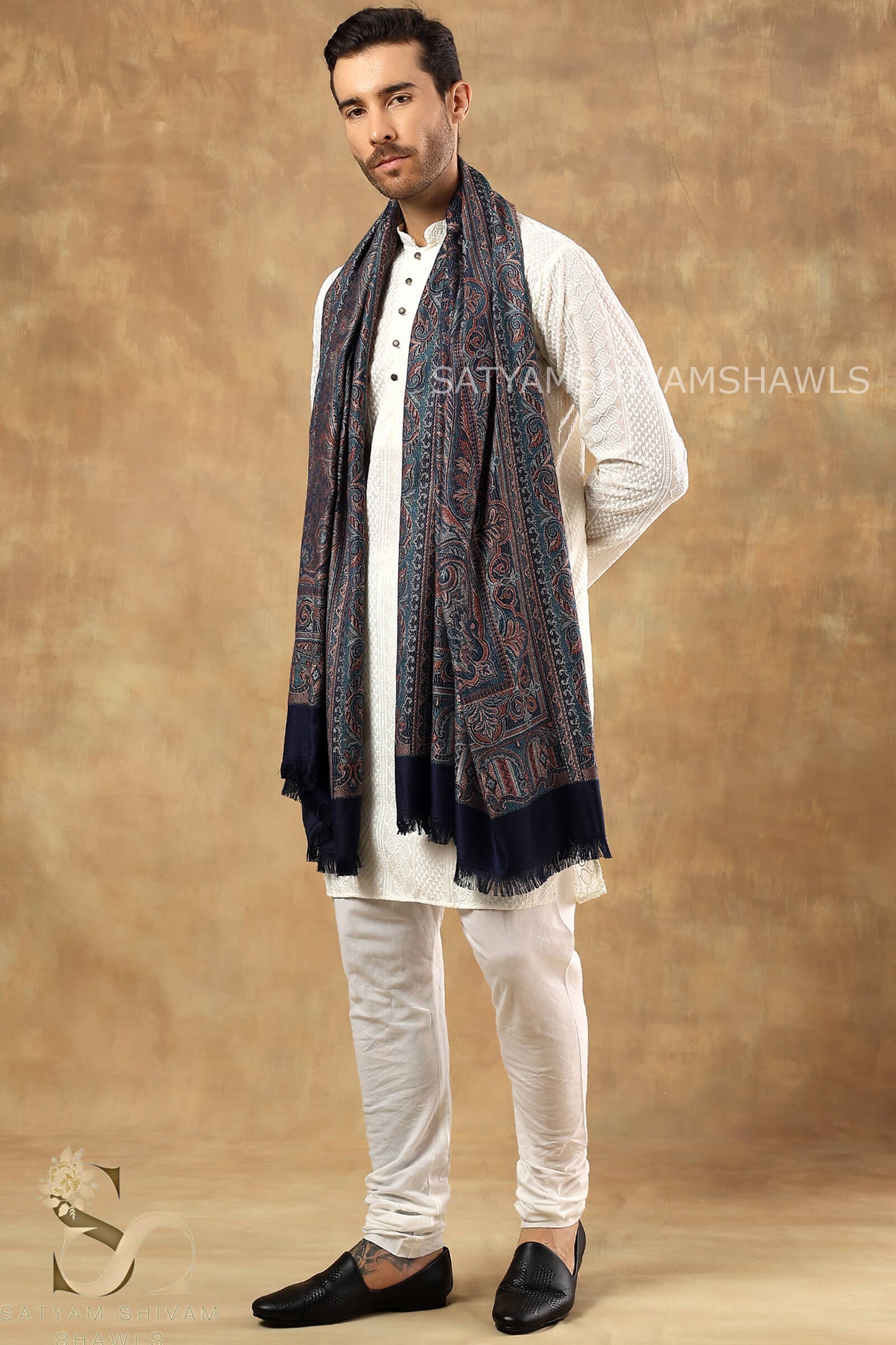 VINTAGE ROYAL JAMAWAR PAISLEY KANI DESIGN MENS SHAWL,NAVYBLUE