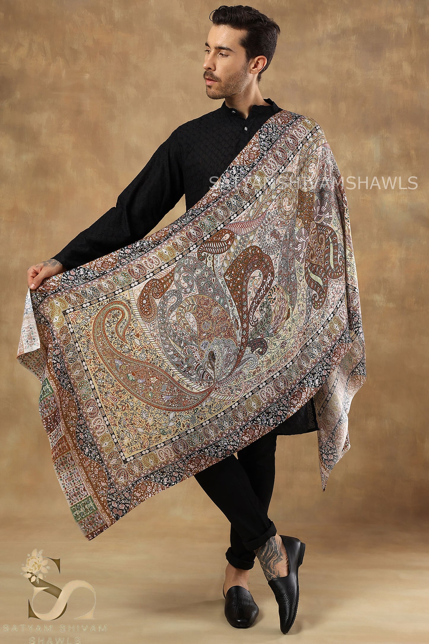 PAISLEY KALAMKARI MENS FINE SOFT SILK WOOL PRINT STOLE,BEIGE CAMEL