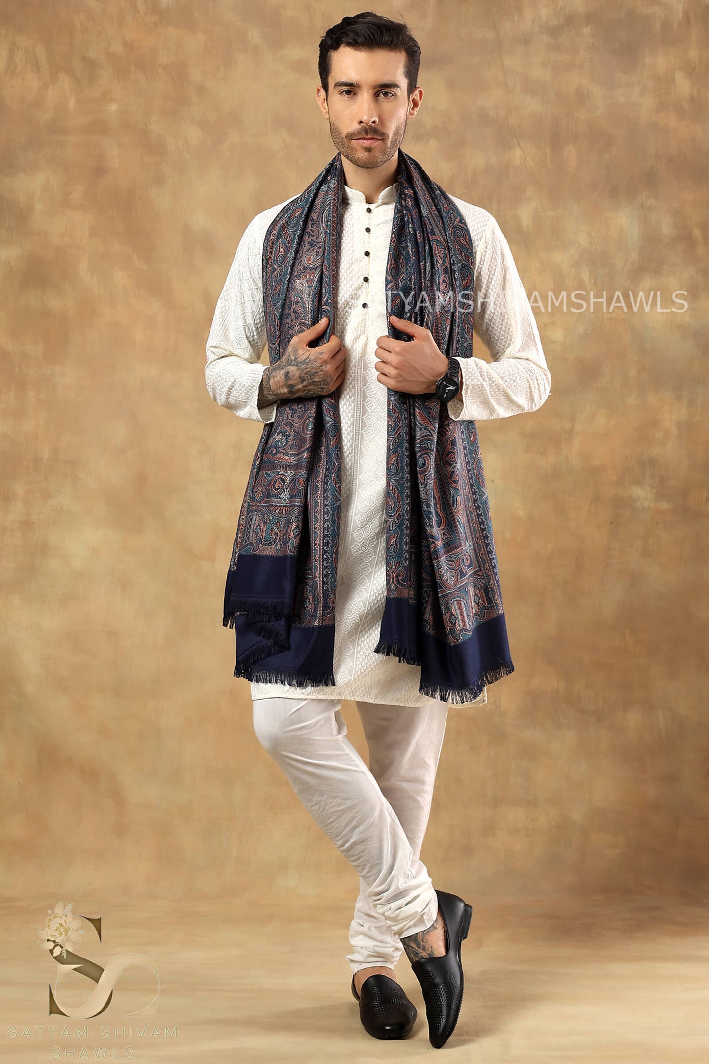 VINTAGE ROYAL JAMAWAR PAISLEY KANI DESIGN MENS SHAWL,NAVYBLUE