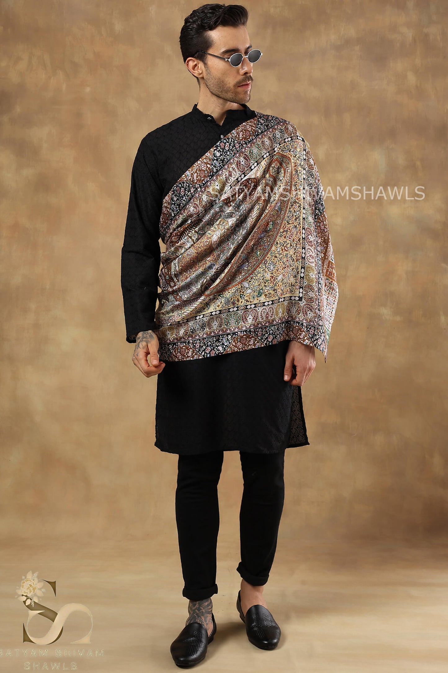 PAISLEY KALAMKARI MENS FINE SOFT SILK WOOL PRINT STOLE,BEIGE CAMEL